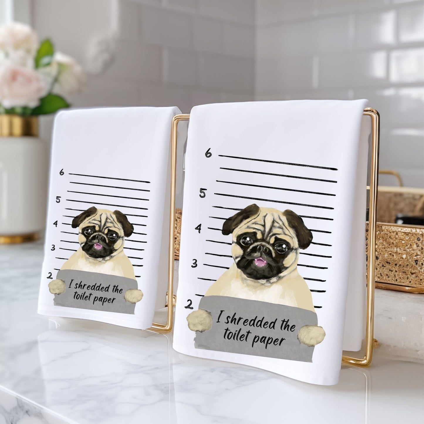 Pug Mugshot Bathroom Towel - MerikaArt