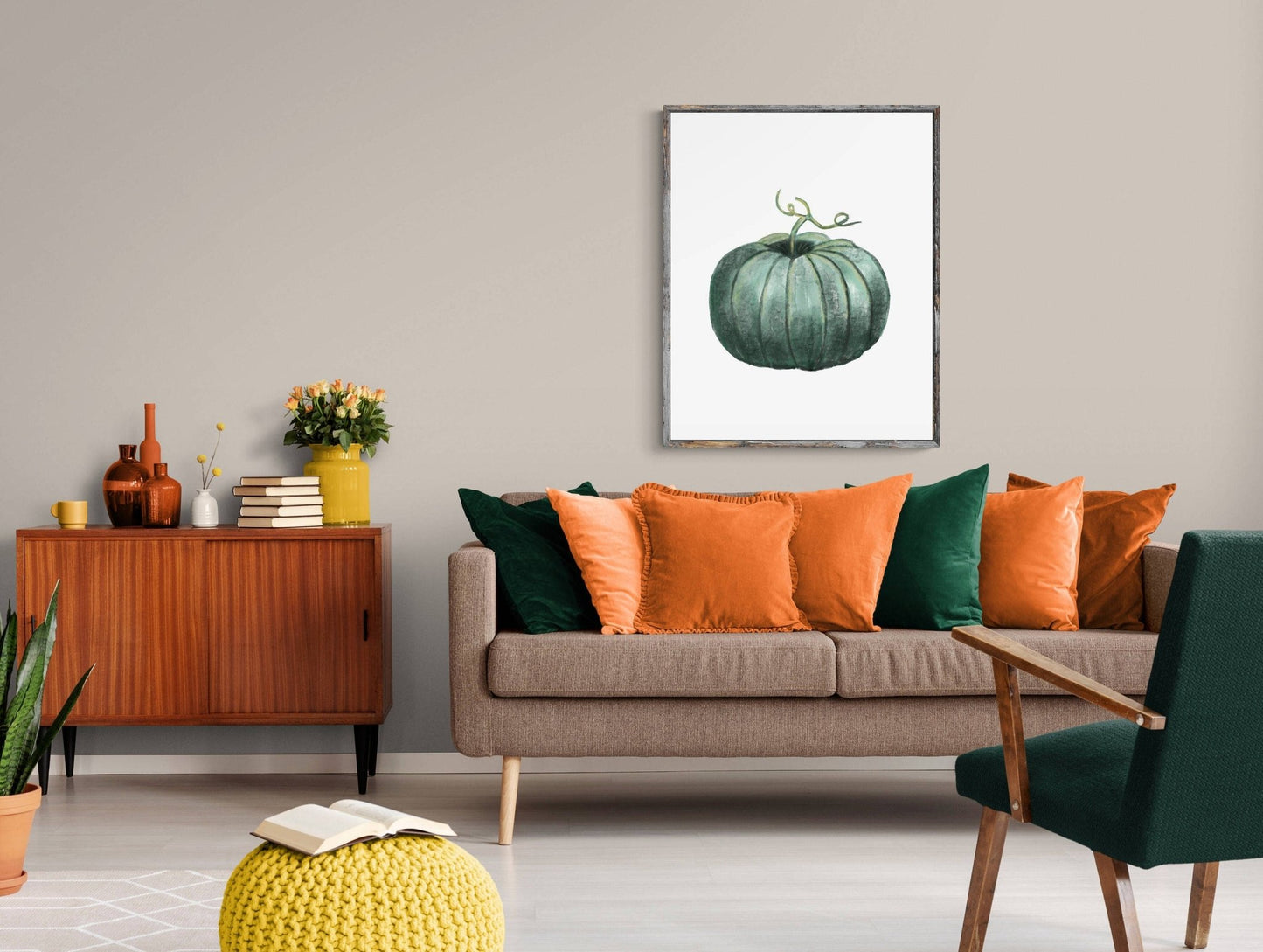 Pumpkin Print, Halloween Pumpkin Painting, Fall Decor, Living Room Home Art, Holiday Wall Art, Green Pumpkin Illustration, Autumn Wall Art - MerikaArt