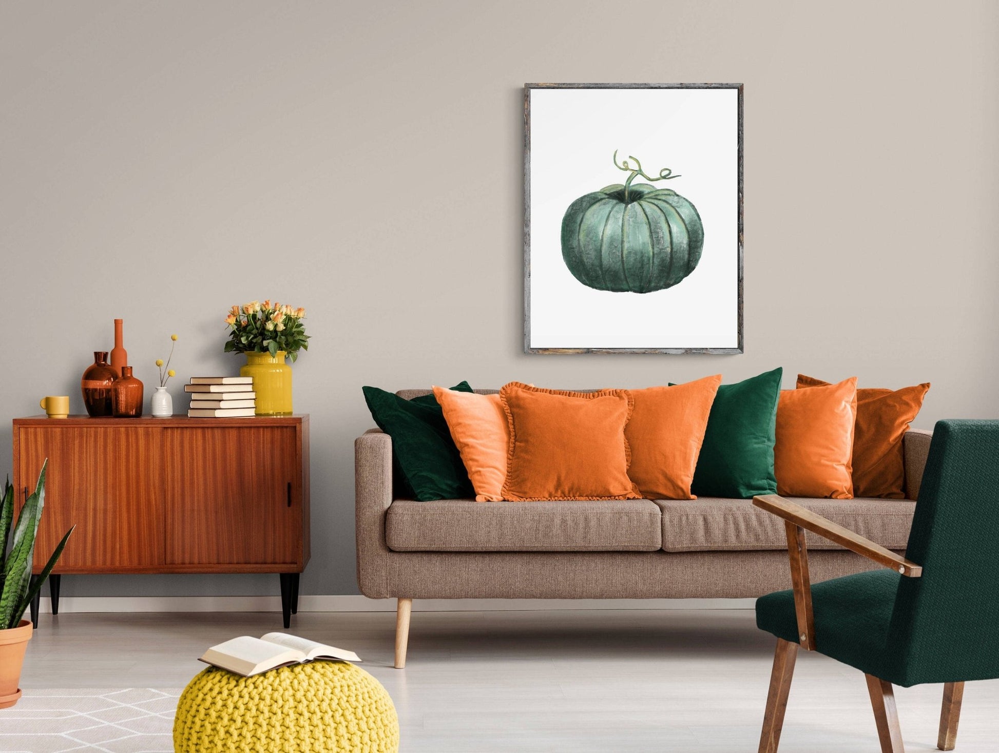 Pumpkin Print, Halloween Pumpkin Painting, Fall Decor, Living Room Home Art, Holiday Wall Art, Green Pumpkin Illustration, Autumn Wall Art - MerikaArt