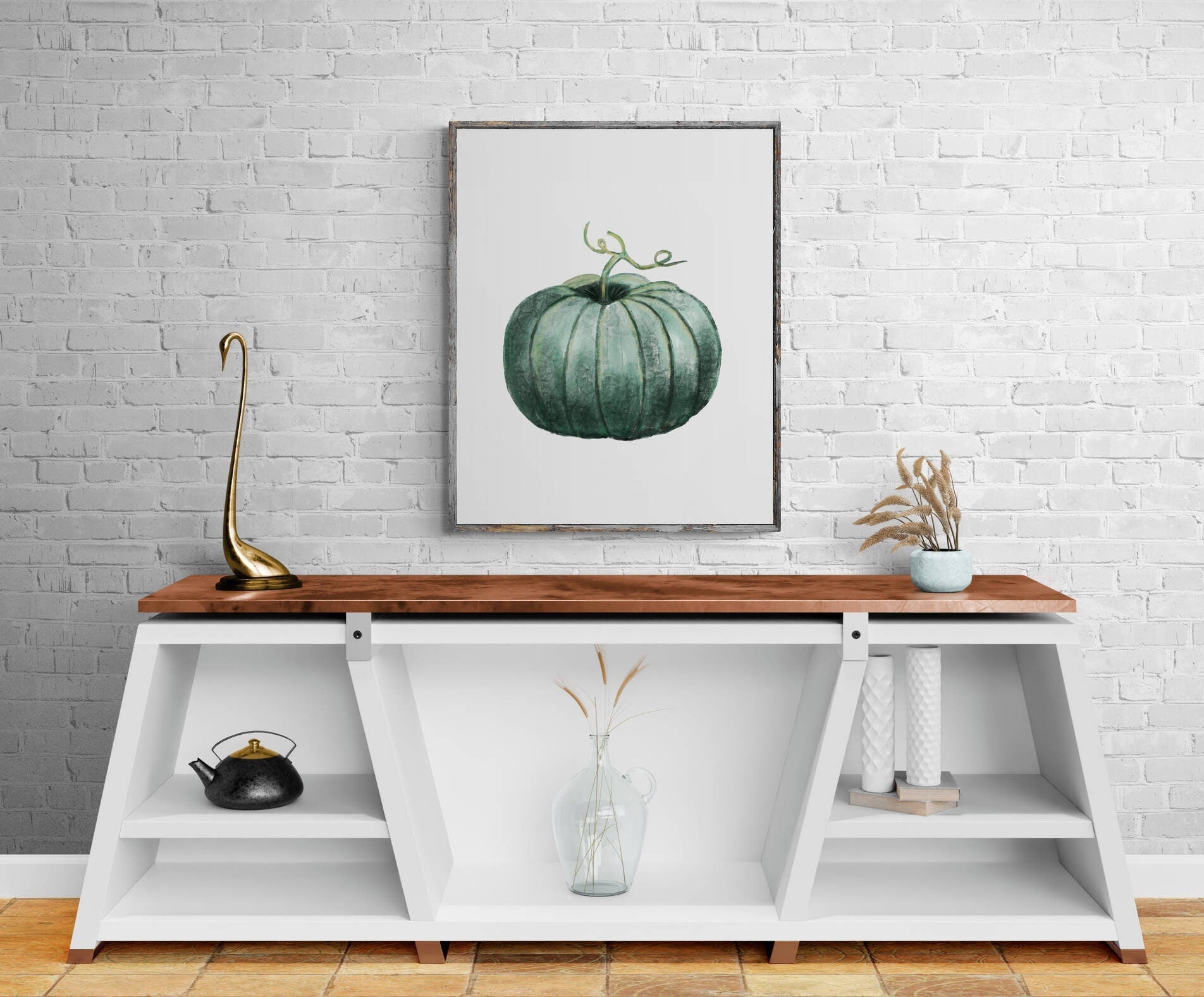 Pumpkin Print, Halloween Pumpkin Painting, Fall Decor, Living Room Home Art, Holiday Wall Art, Green Pumpkin Illustration, Autumn Wall Art - MerikaArt