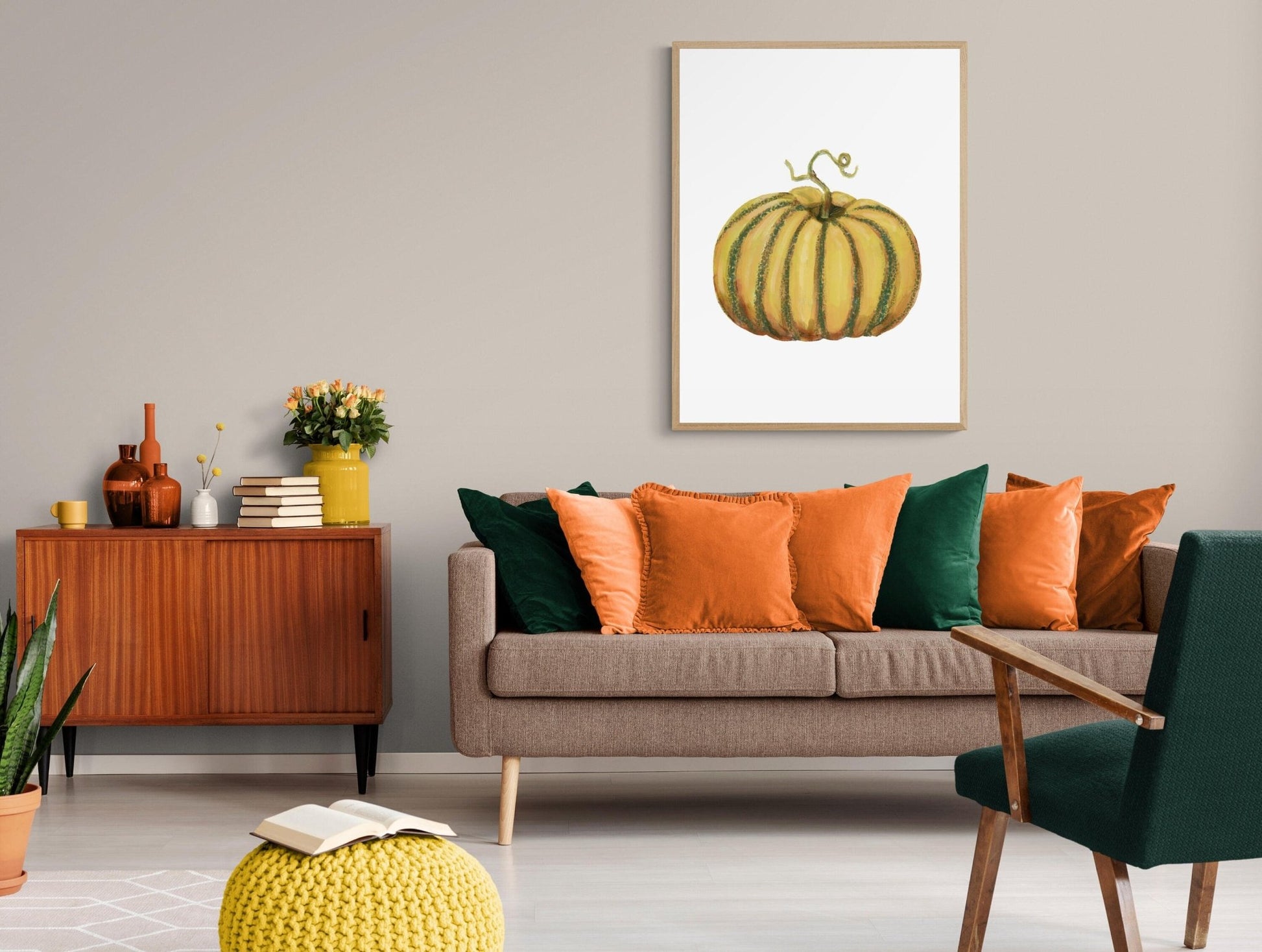 Pumpkin Print, Halloween Pumpkin Painting, Fall Decor, Living Room Home Art, Holiday Wall Art, Yellow Pumpkin Illustration, Autumn Wall Art - MerikaArt