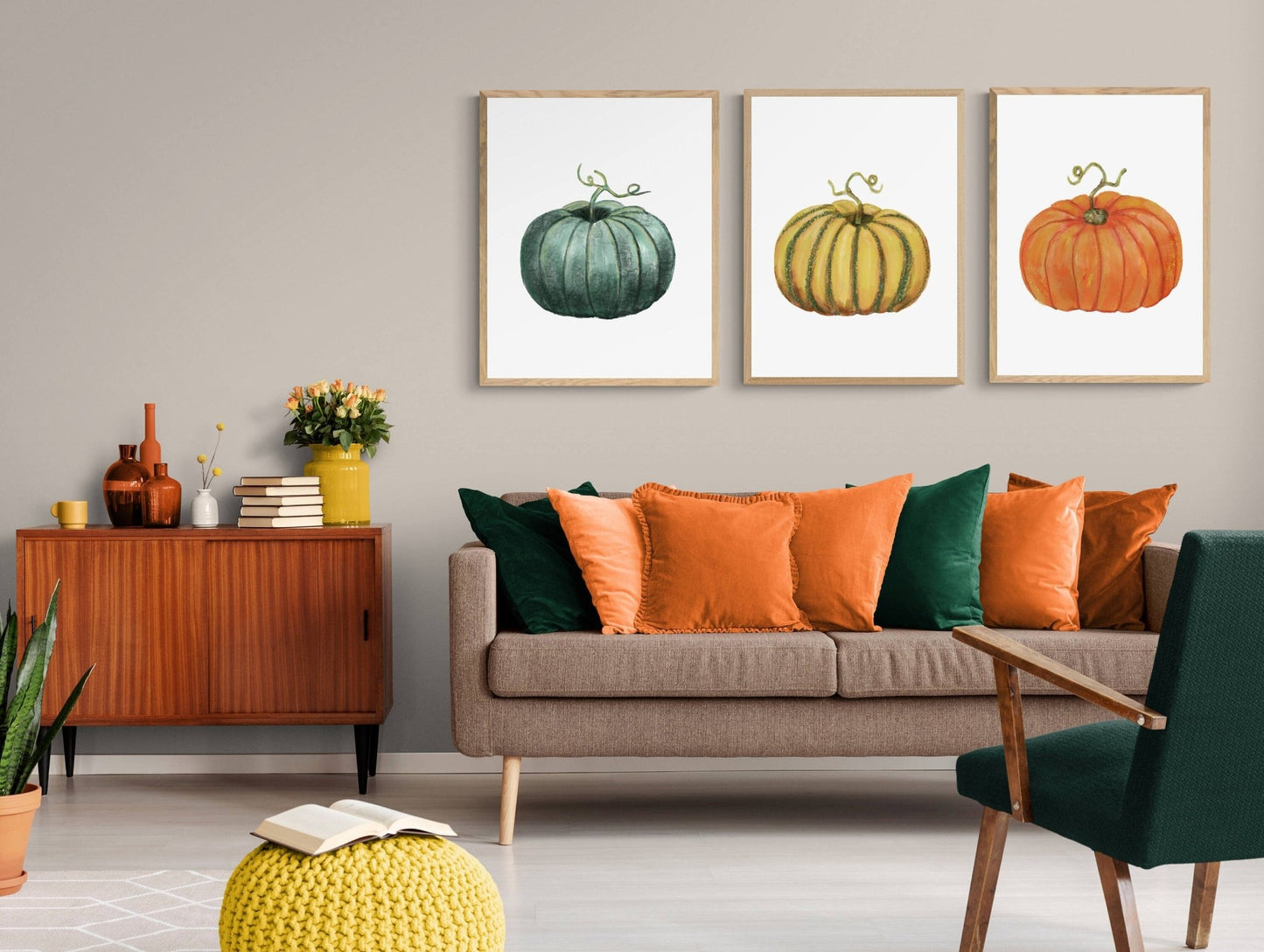Pumpkin Set of 3 Prints, Halloween Pumpkin Painting, Fall Decor, Thanksgiving Art, Holiday Wall Art, Pumpkin Illustration, Autumn Wall Art - MerikaArt