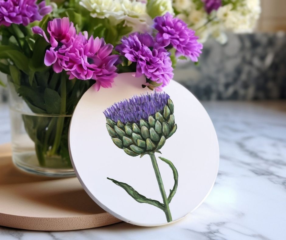 Purple Artichoke Flower Ceramic Coaster - MerikaArt