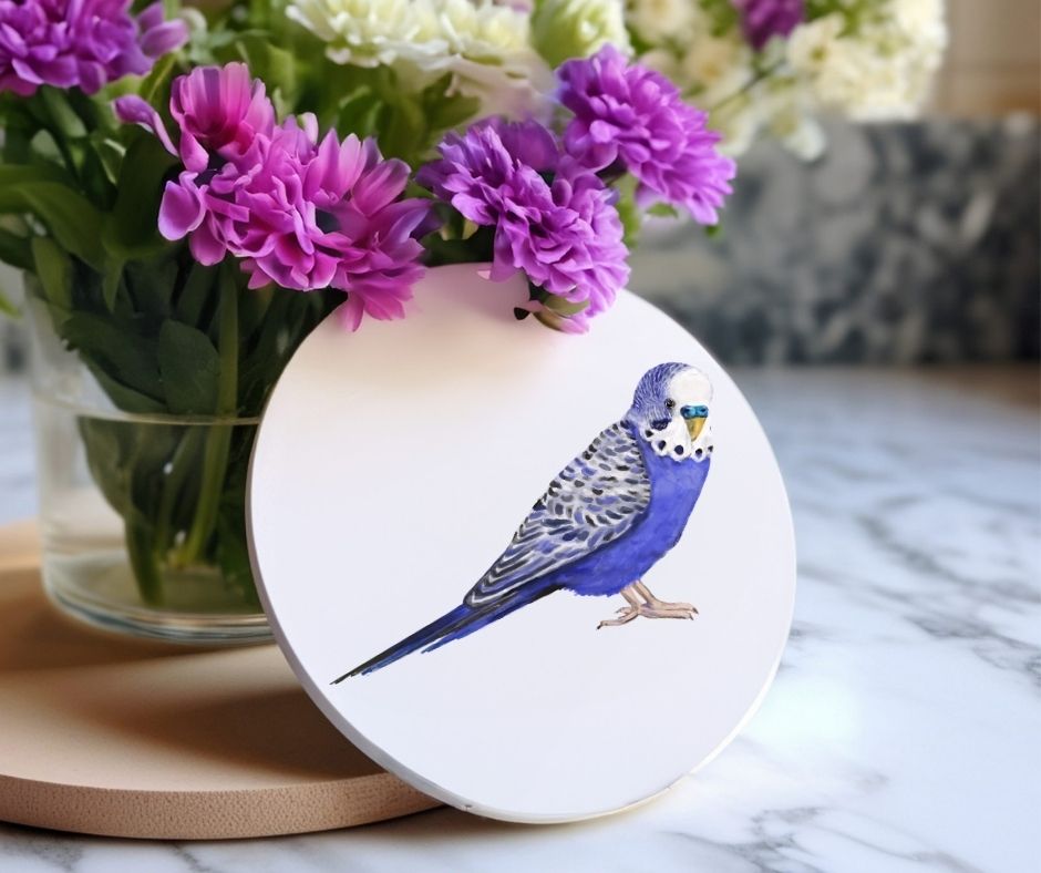 Purple Blue Budgie Ceramic Coaster - MerikaArt