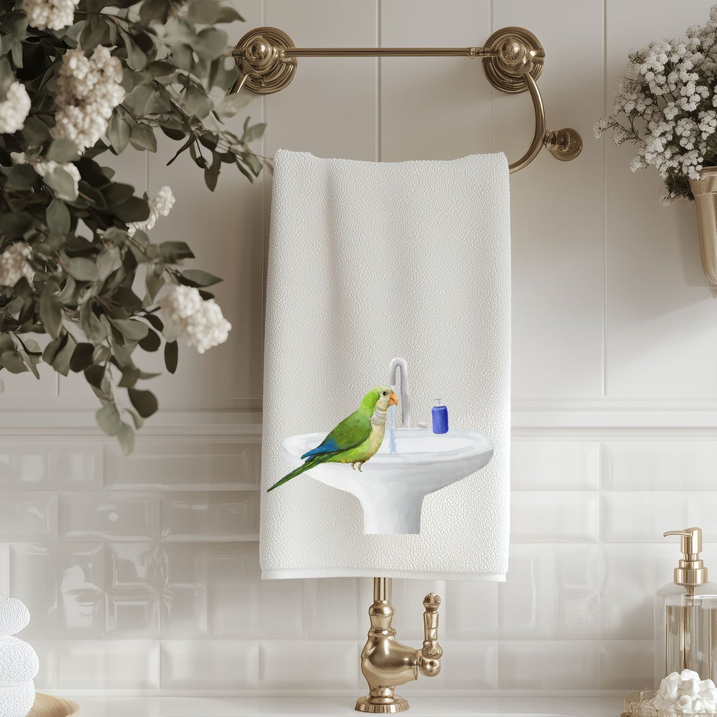 Quaker Parrot at Sink Bathroom Towel - MerikaArt