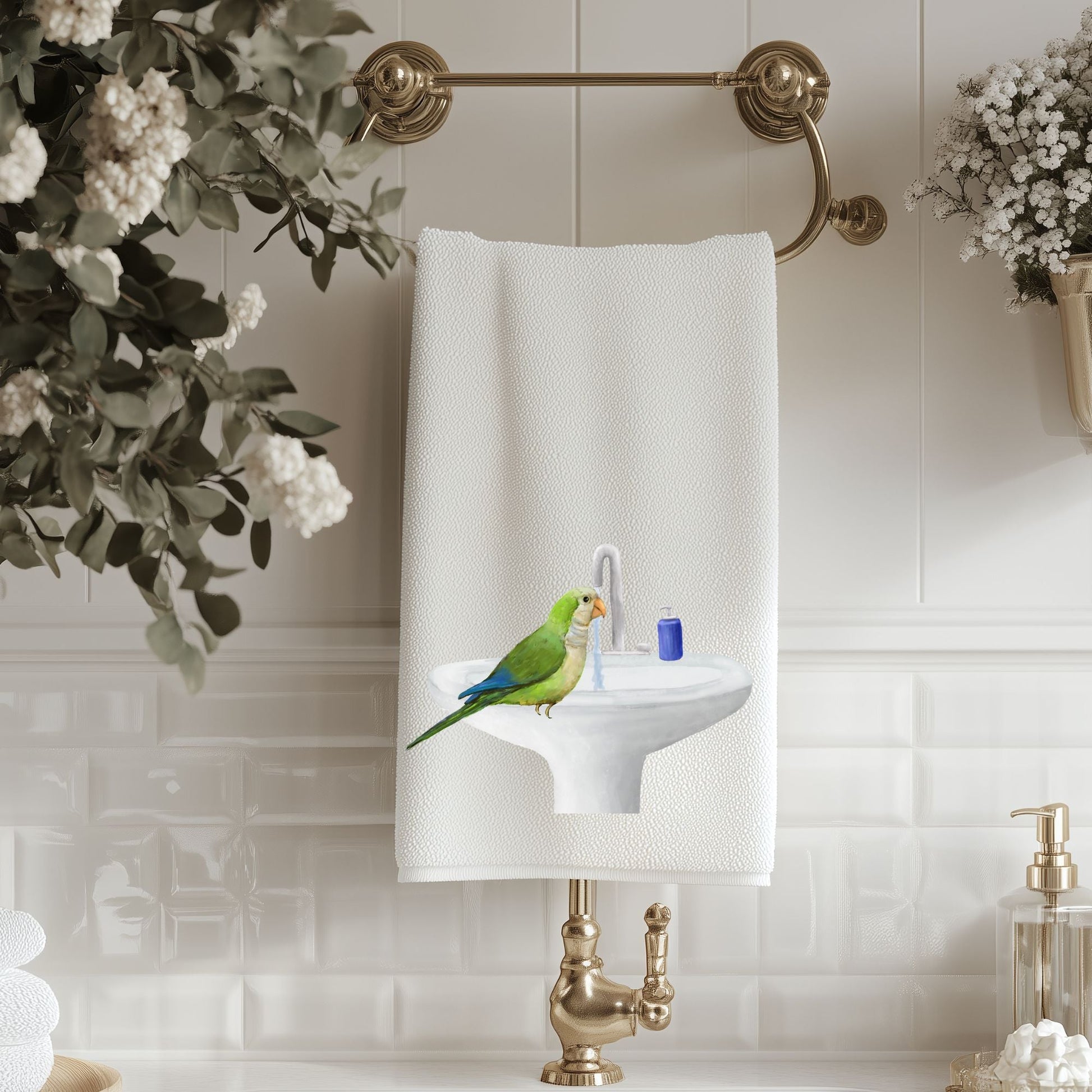 Quaker Parrot at Sink Bathroom Towel - MerikaArt
