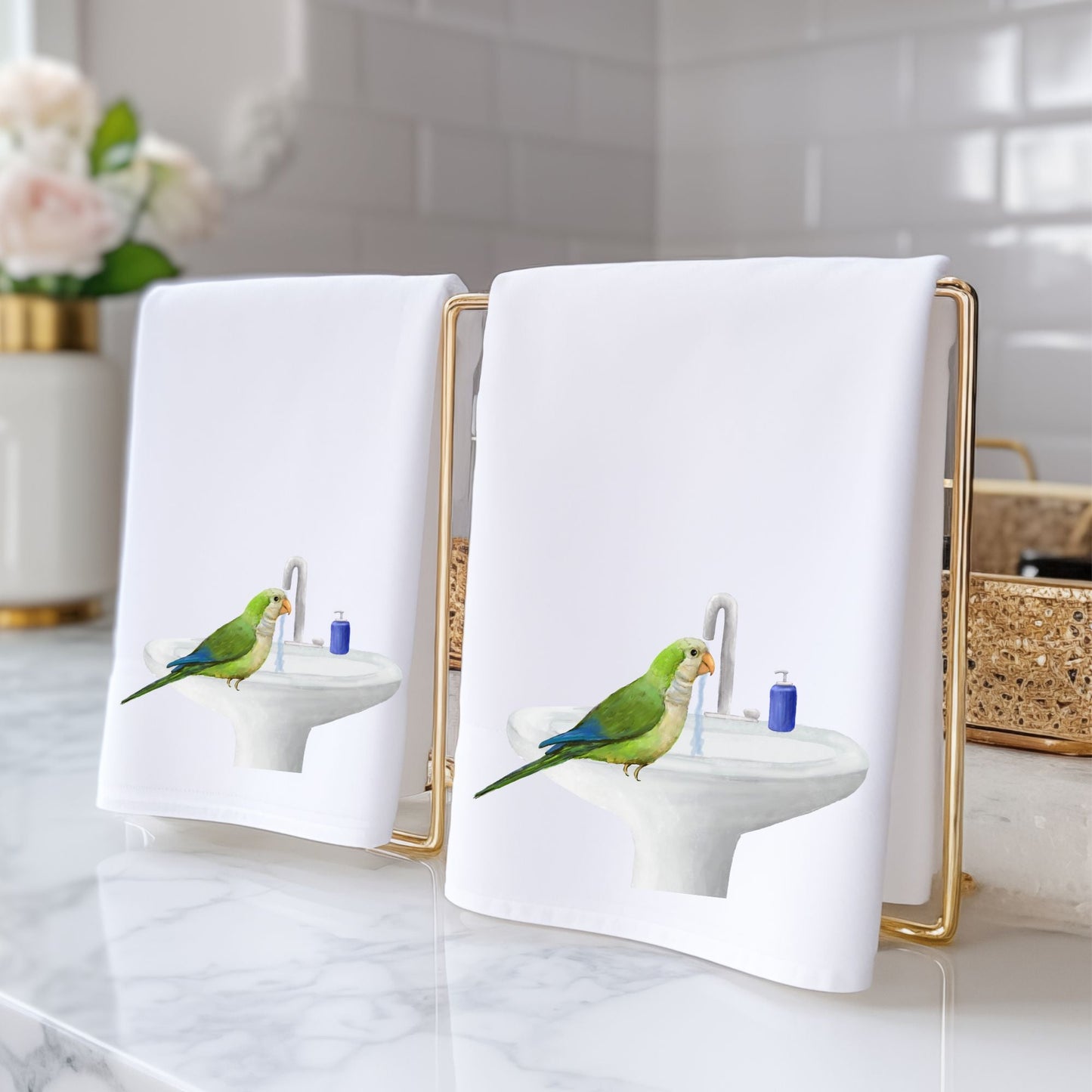 Quaker Parrot at Sink Bathroom Towel - MerikaArt