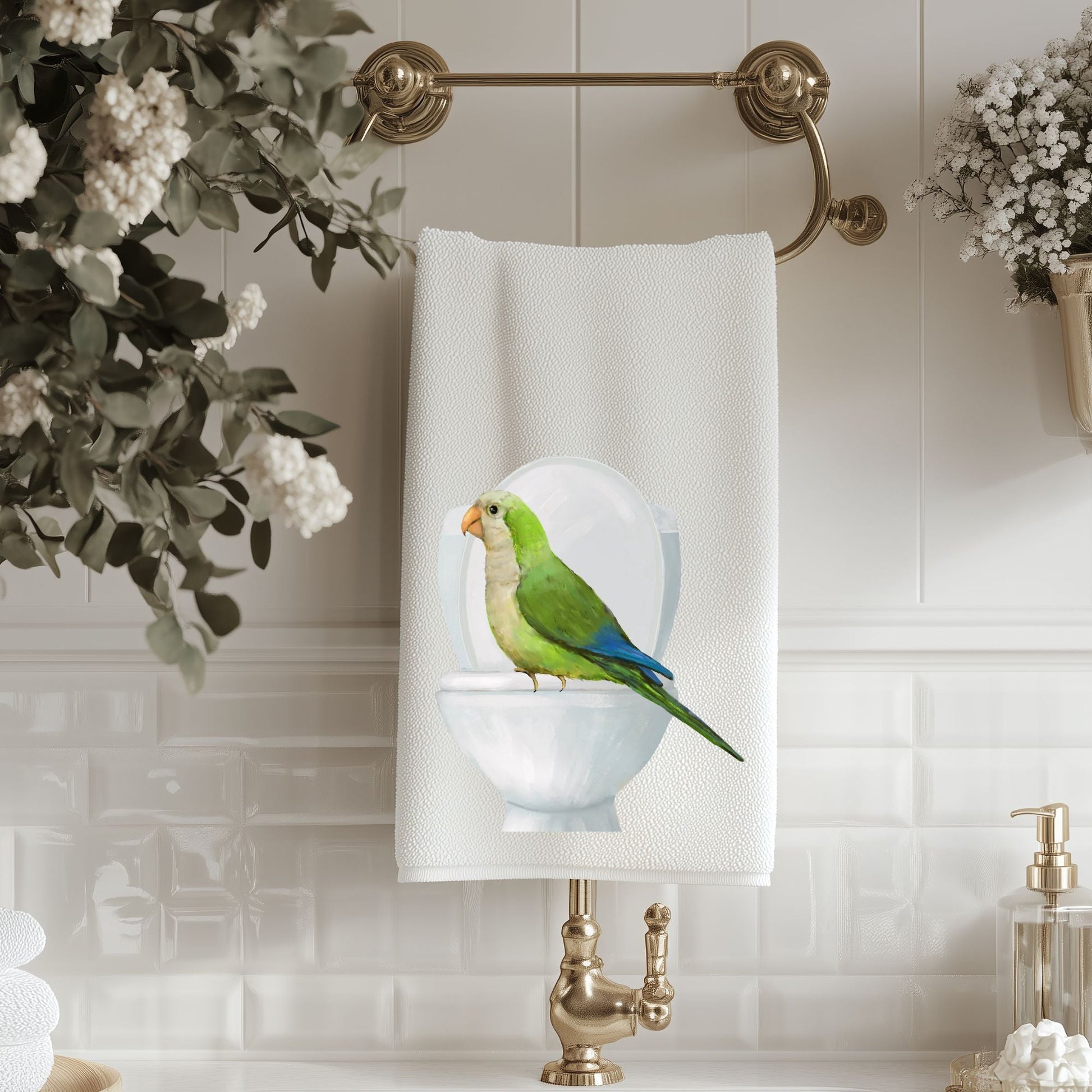Quaker Parrot on Toilet Bathroom Towel - MerikaArt