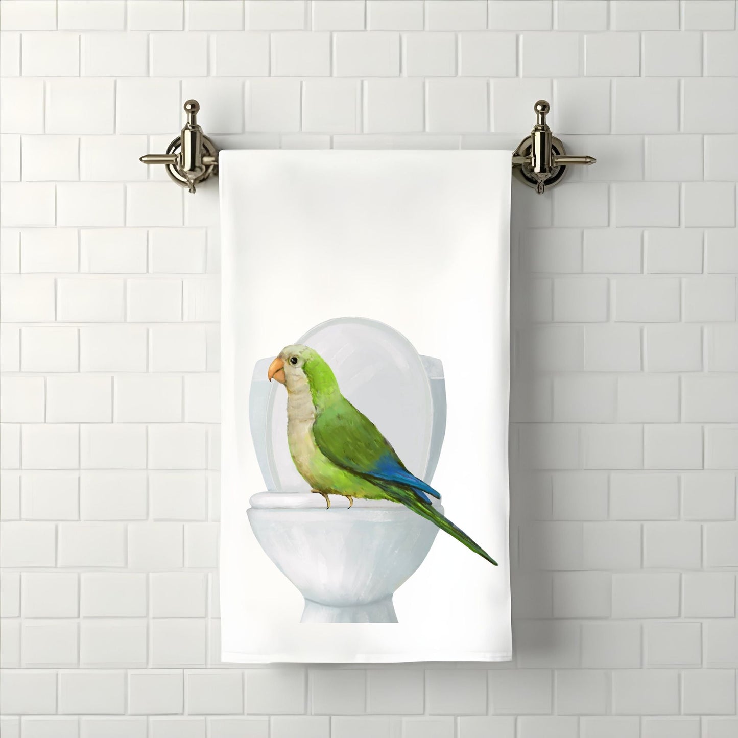 Quaker Parrot on Toilet Bathroom Towel - MerikaArt