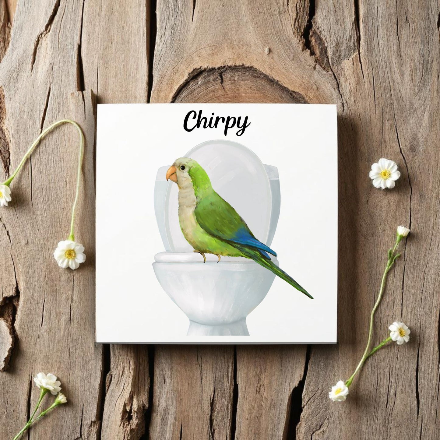 Quaker Parrot on Toilet Ceramic Tile – Handcrafted Whimsical Decor - MerikaArt