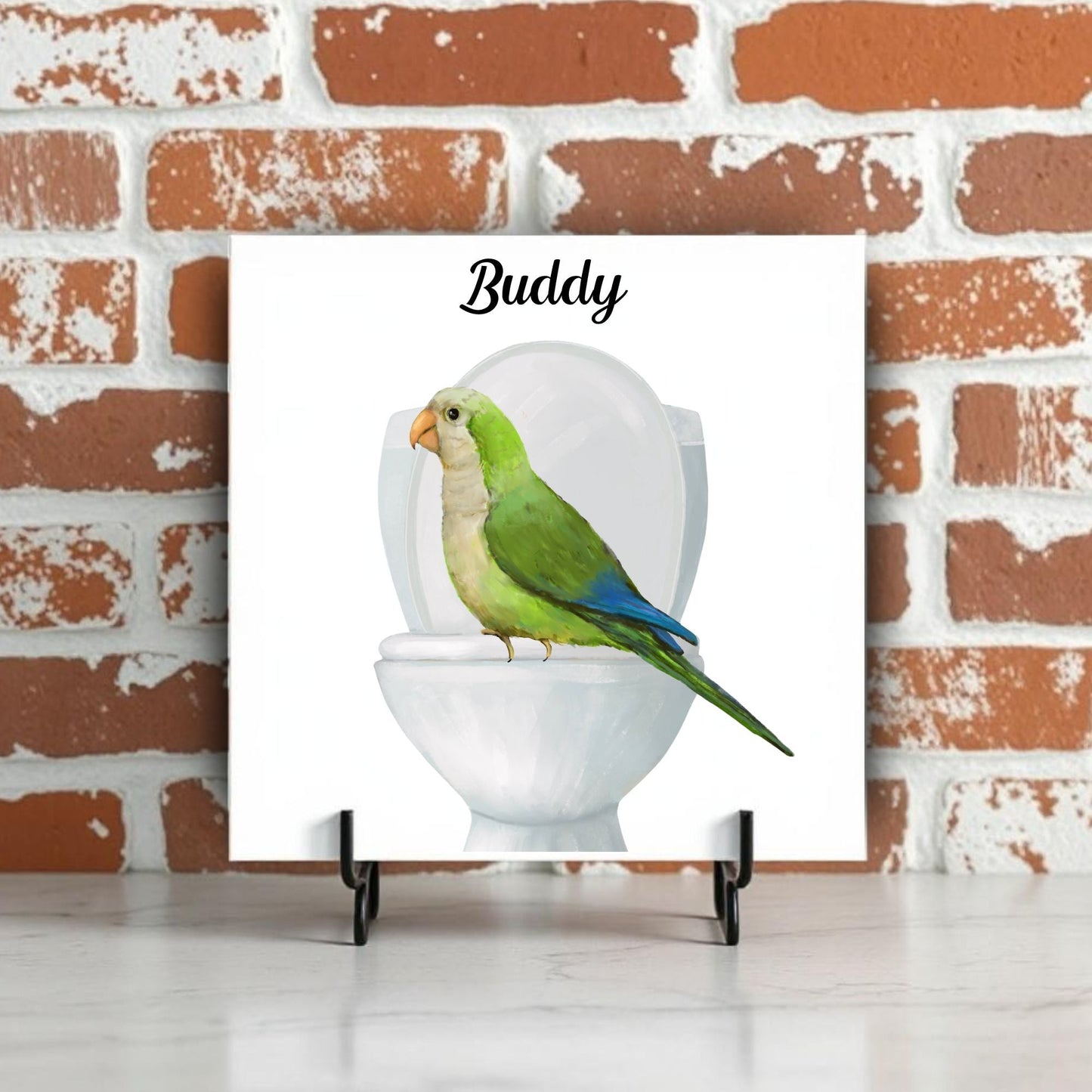 Quaker Parrot on Toilet Ceramic Tile – Handcrafted Whimsical Decor - MerikaArt