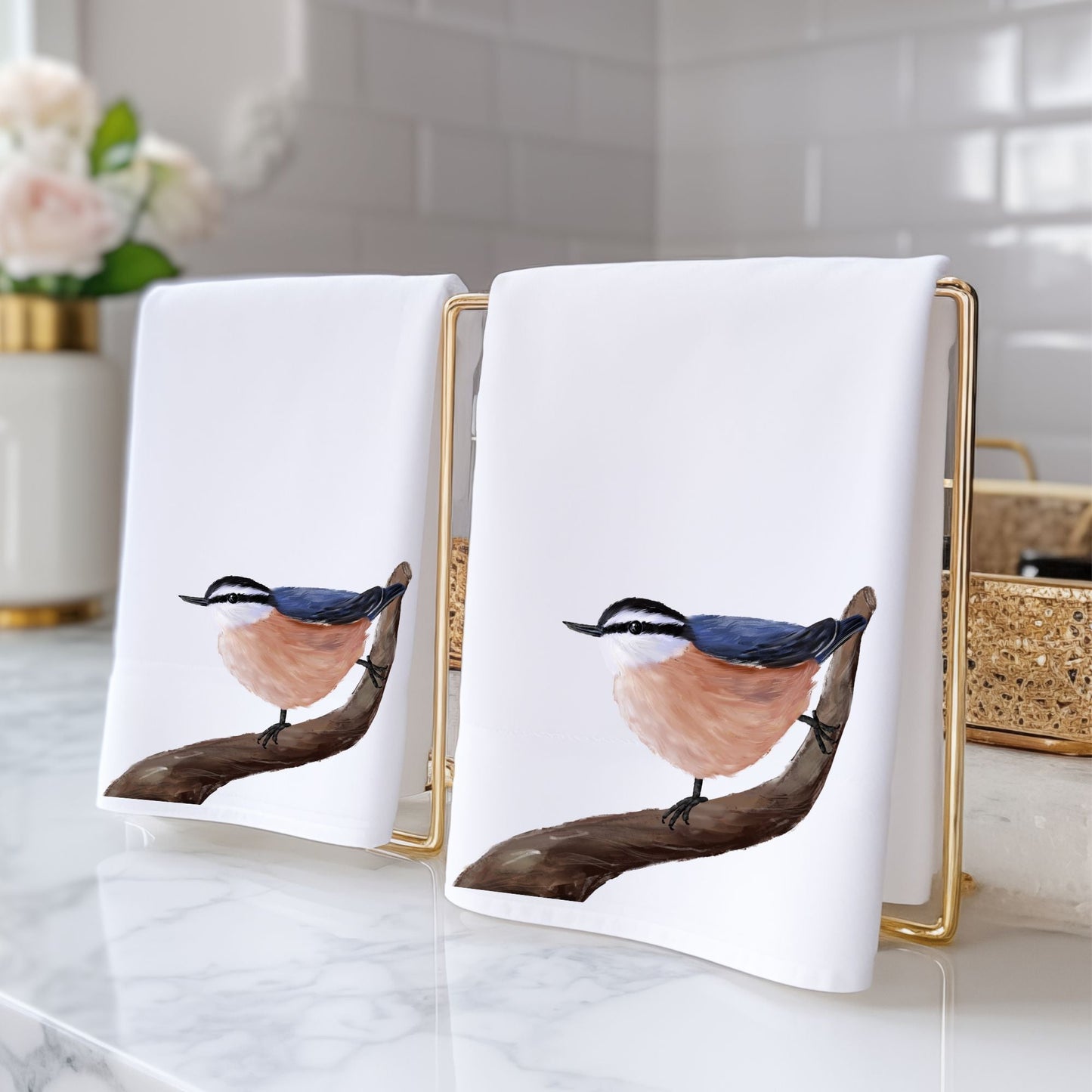 Red - Breasted Nuthatch Bird Bathroom Towel - MerikaArt