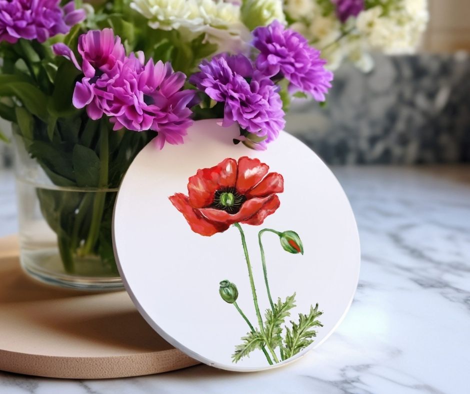 Red Poppy Ceramic Coaster - MerikaArt