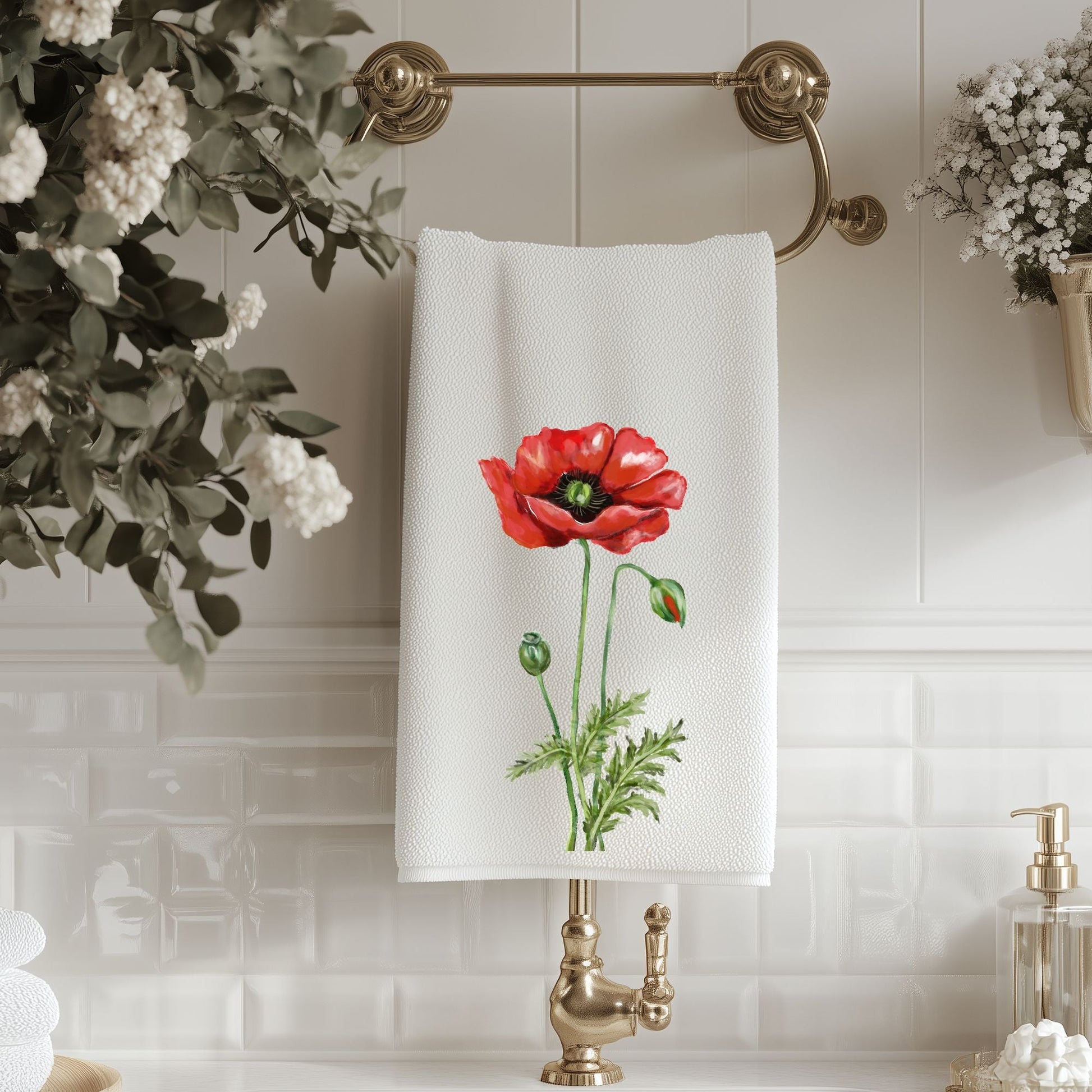 Red Poppy Flower Bathroom Towel - MerikaArt