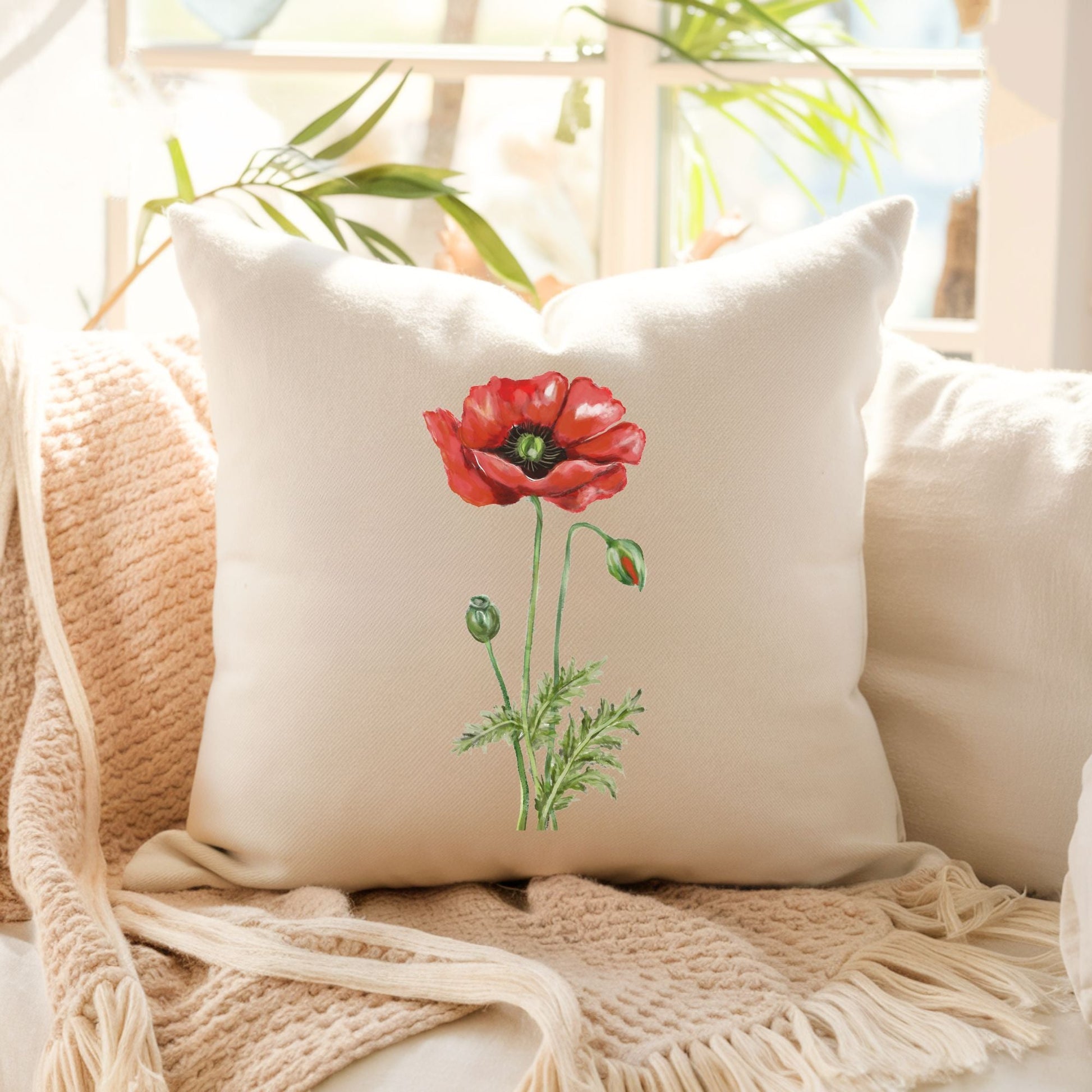 Red Poppy Flower Pillow - MerikaArt