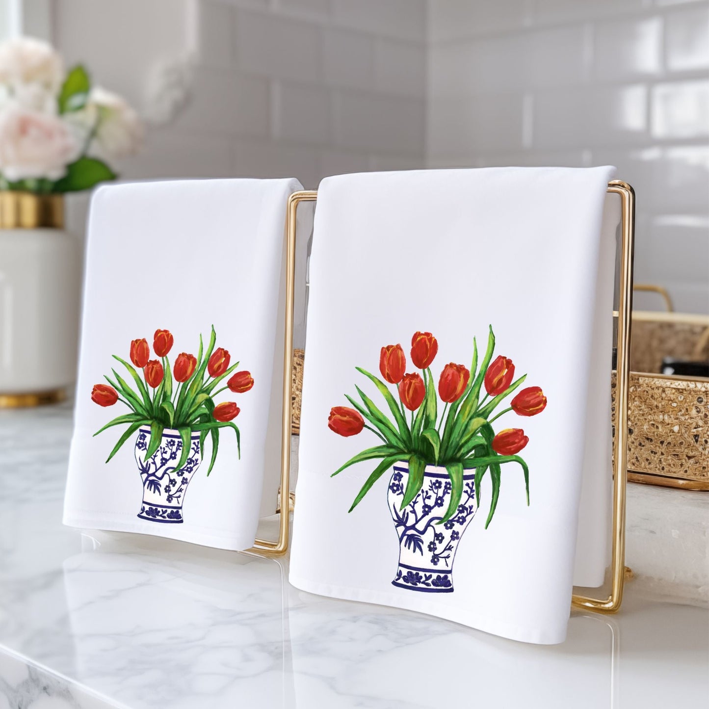Red Tulips in Blue Vase Bathroom Towel - MerikaArt
