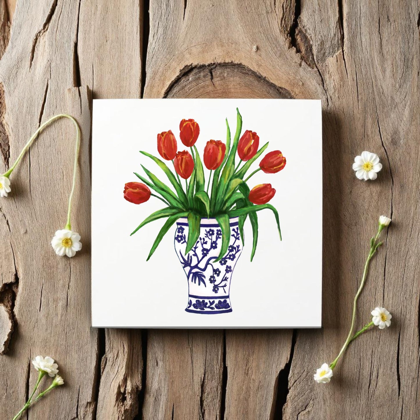 Red Tulips in Delft Vase Ceramic Tile - MerikaArt