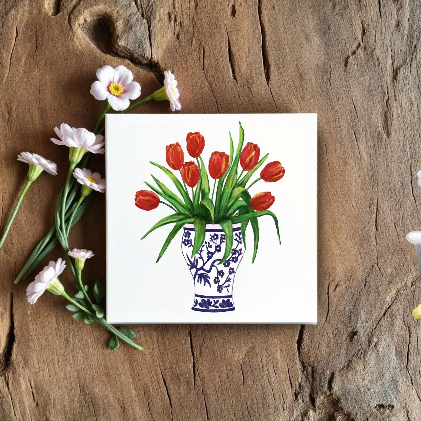 Red Tulips in Delft Vase Ceramic Tile - MerikaArt