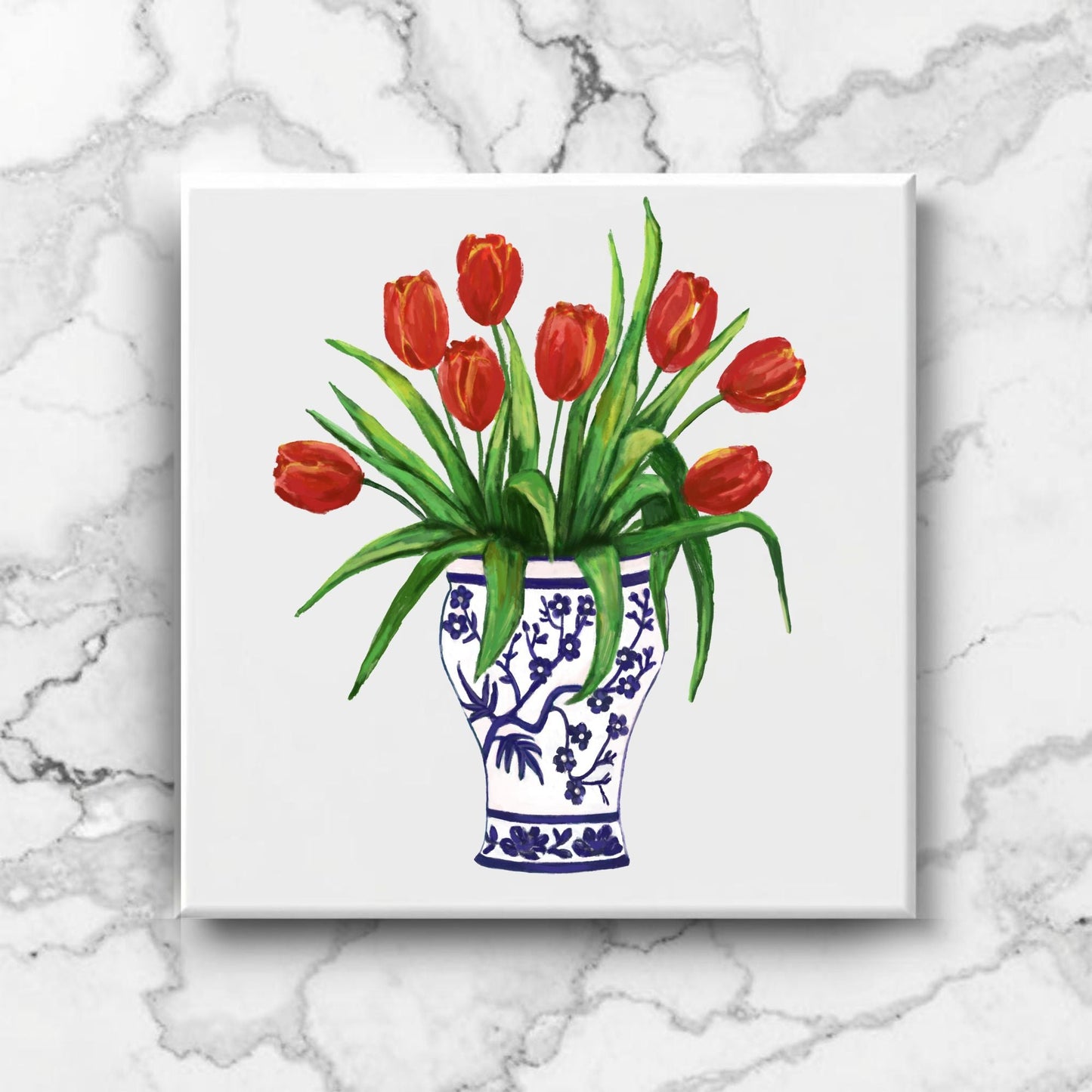 Red Tulips in Delft Vase Ceramic Tile - MerikaArt