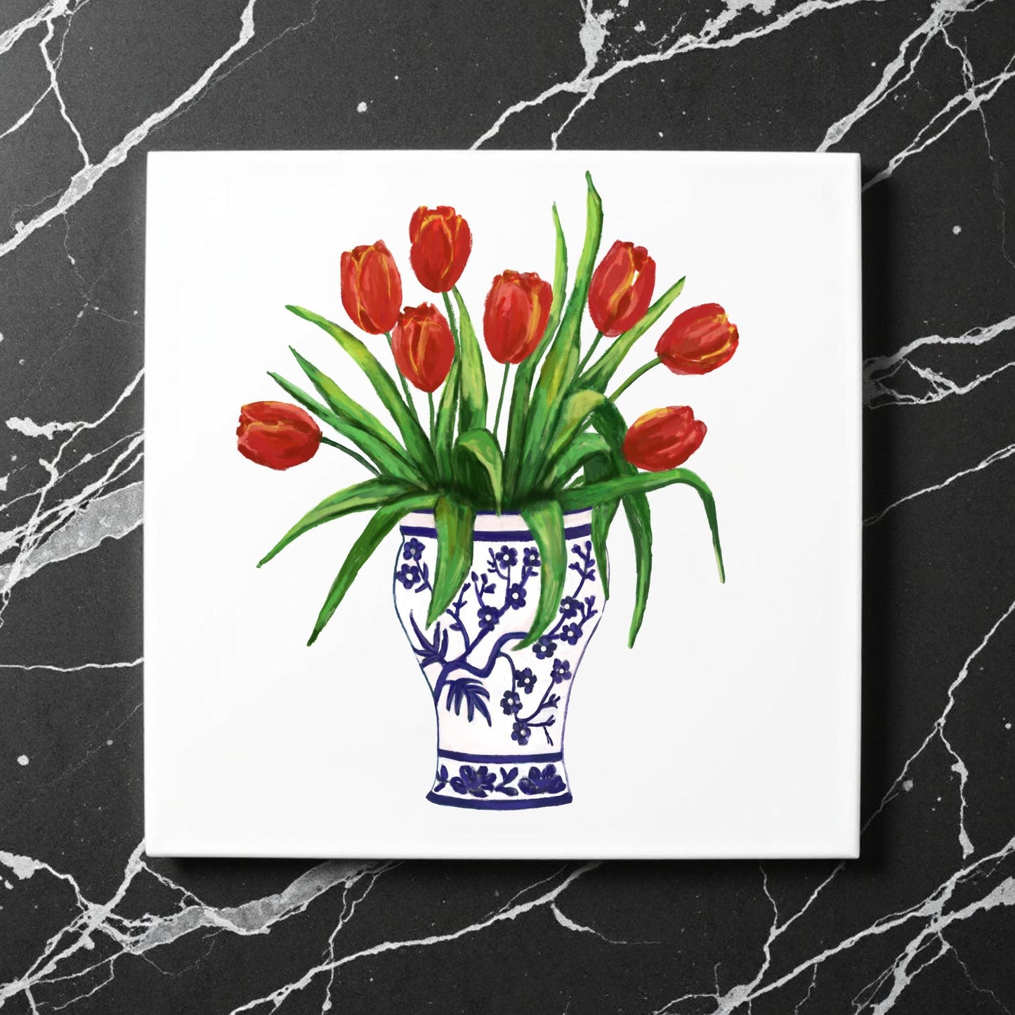 Red Tulips in Delft Vase Ceramic Tile - MerikaArt