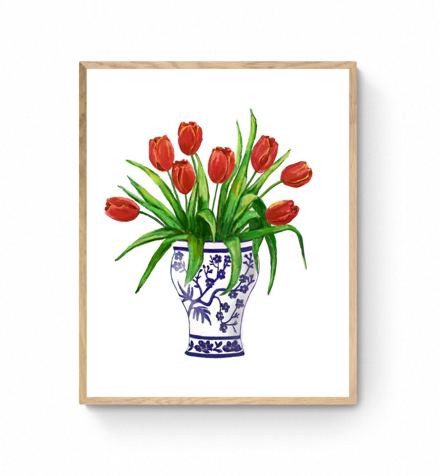 Red Tulips in Vase Art Print, Red Flower Wall Art, Blue and White Planter, Tulip Painting, Flower Illustration, Farmhouse Decor - MerikaArt