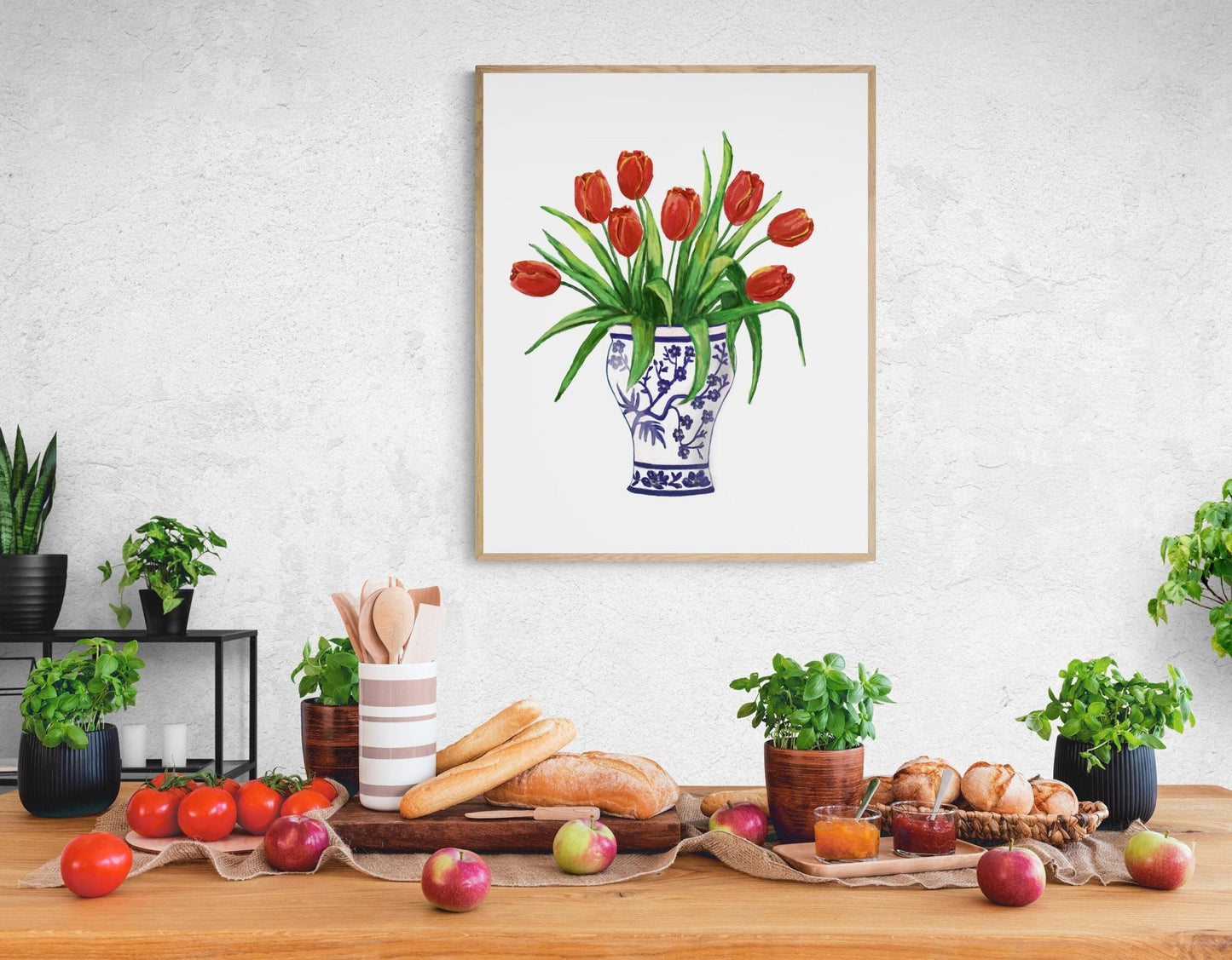 Red Tulips in Vase Art Print, Red Flower Wall Art, Blue and White Planter, Tulip Painting, Flower Illustration, Farmhouse Decor - MerikaArt