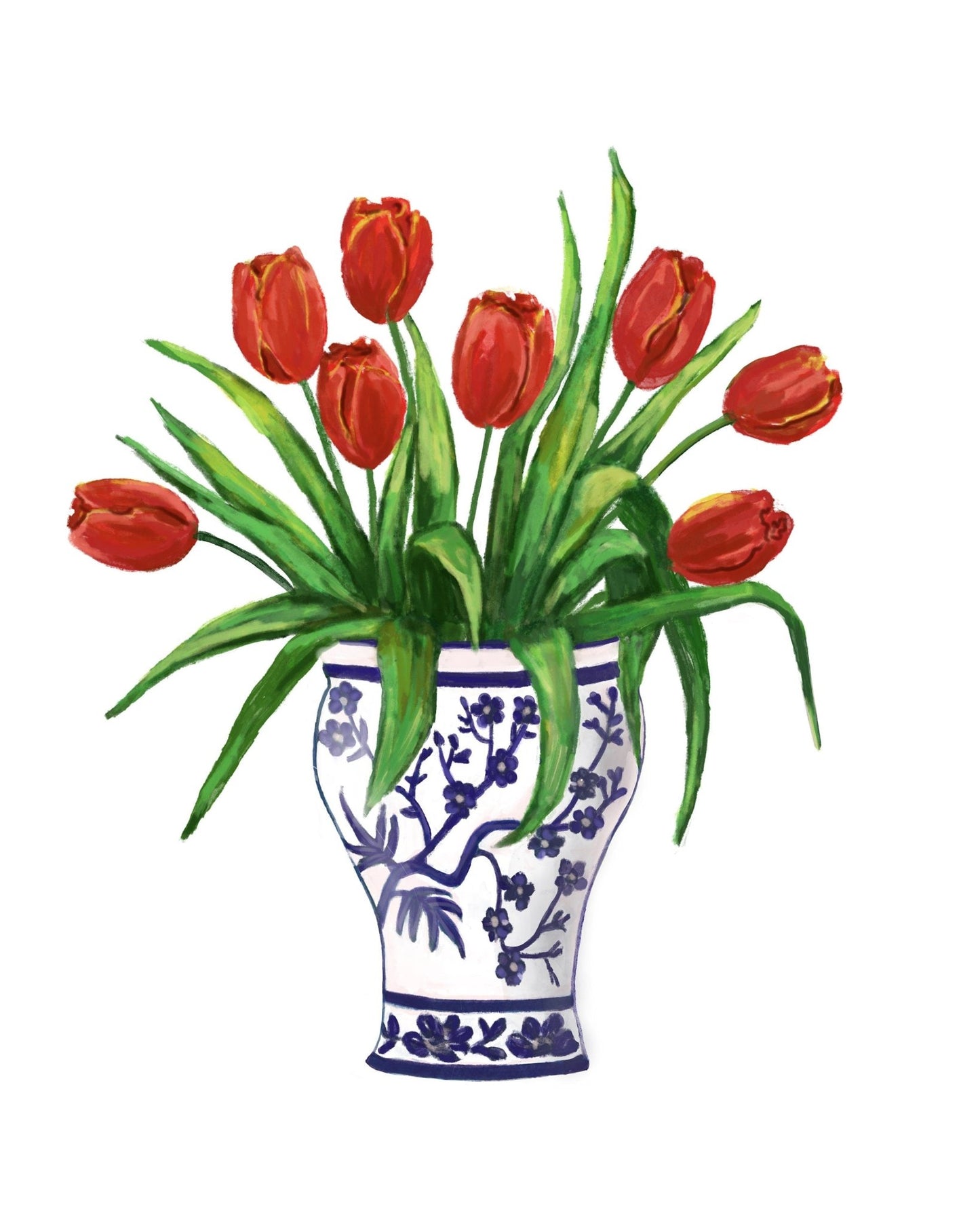 Red Tulips in Vase Art Print, Red Flower Wall Art, Blue and White Planter, Tulip Painting, Flower Illustration, Farmhouse Decor - MerikaArt