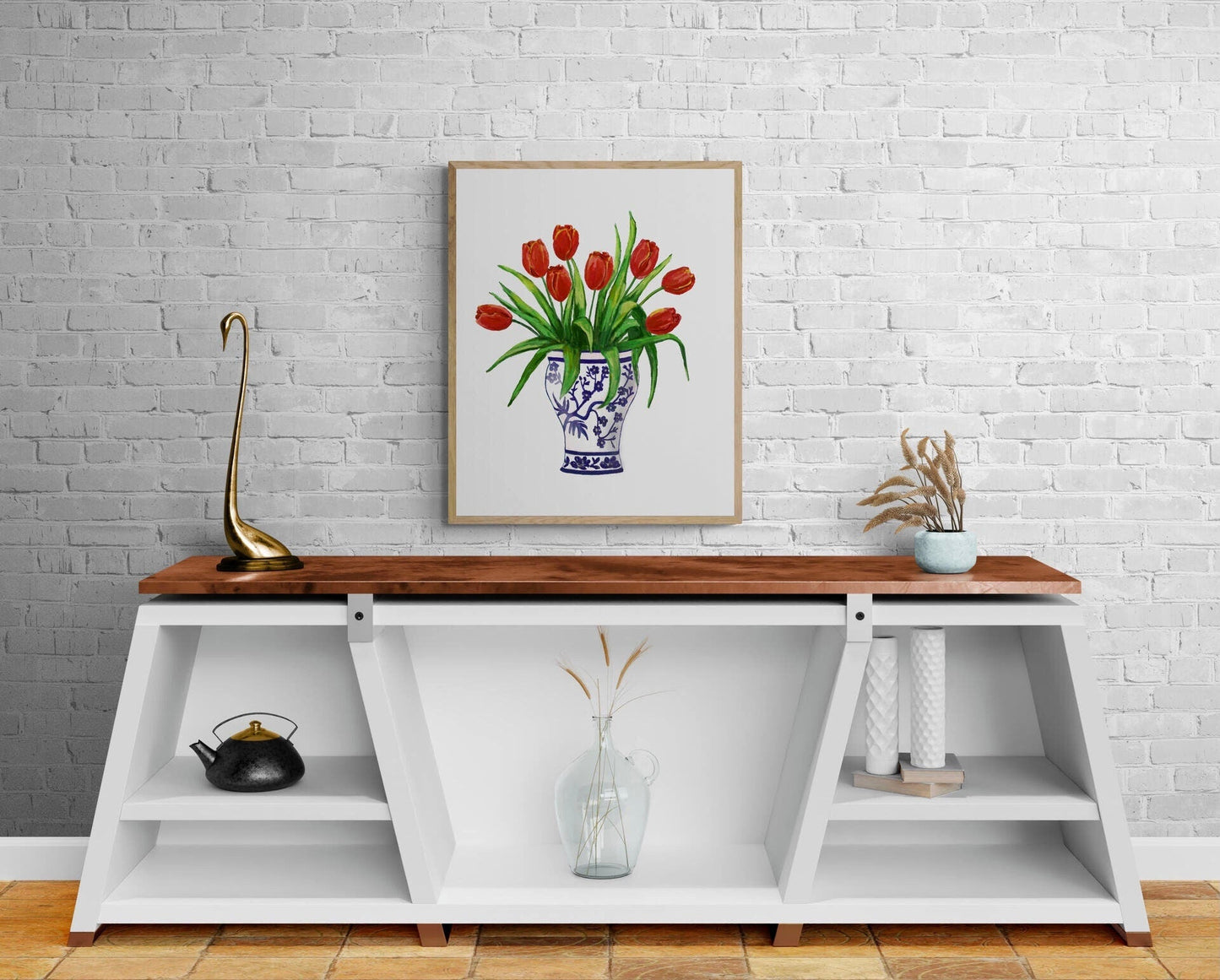 Red Tulips in Vase Art Print, Red Flower Wall Art, Blue and White Planter, Tulip Painting, Flower Illustration, Farmhouse Decor - MerikaArt