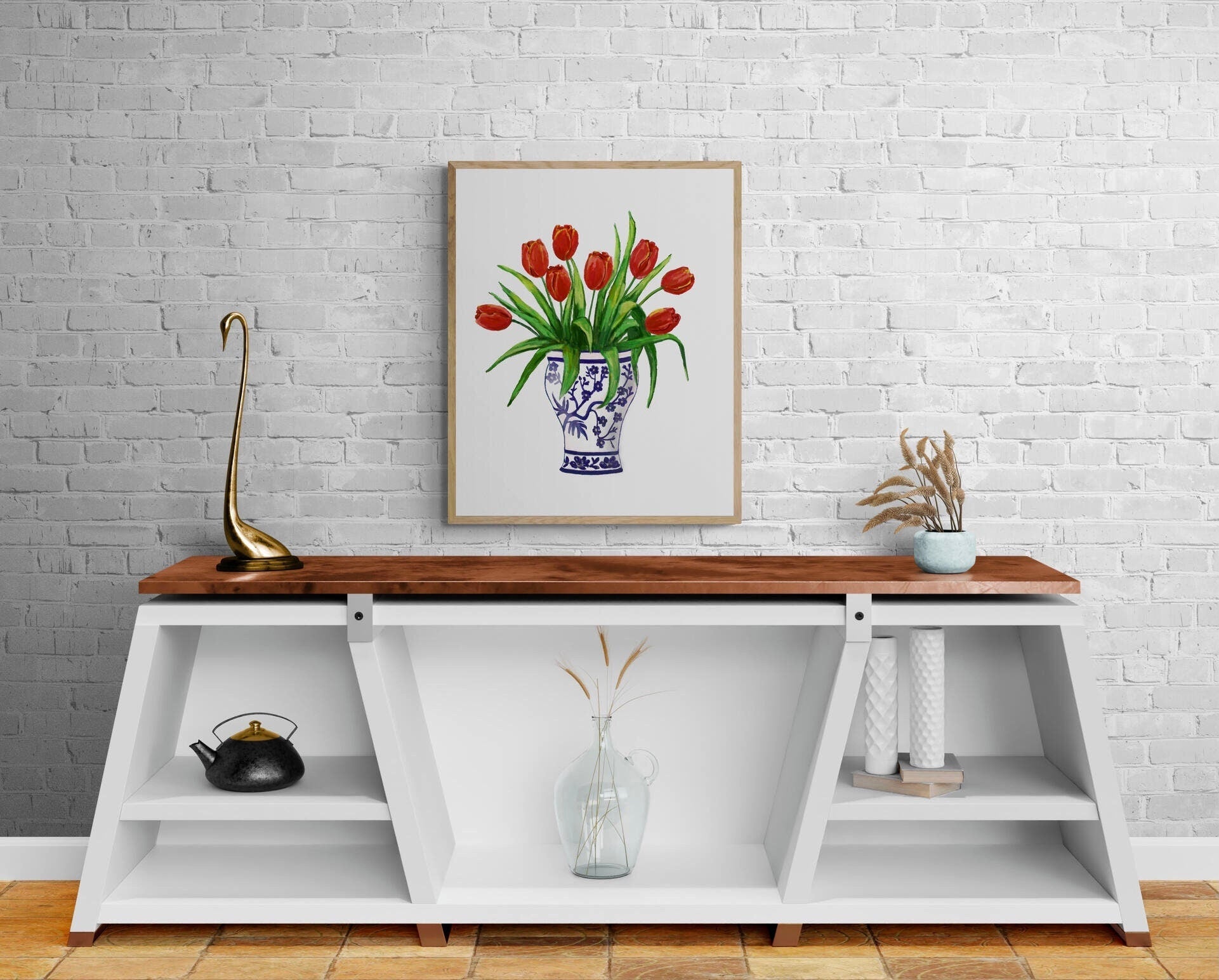 Red Tulips in Vase Art Print, Red Flower Wall Art, Blue and White Planter, Tulip Painting, Flower Illustration, Farmhouse Decor - MerikaArt