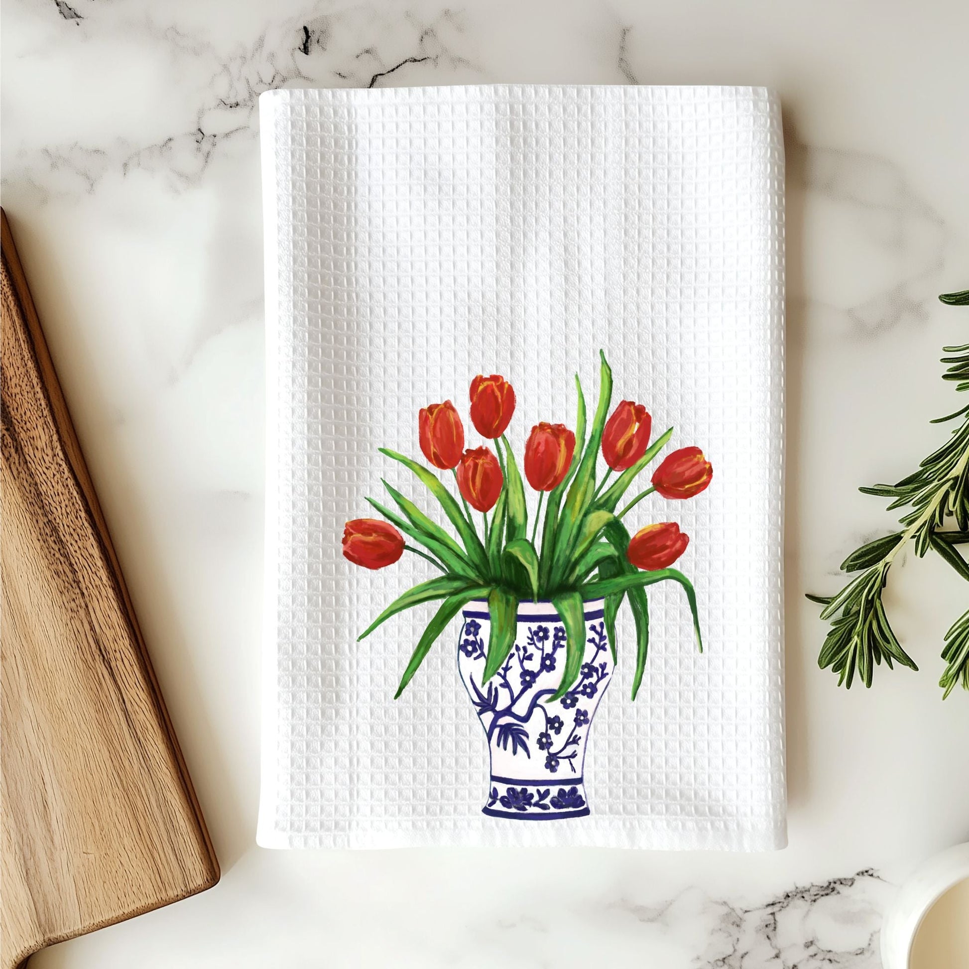 Red Tulips in Vase Kitchen Towel - MerikaArt