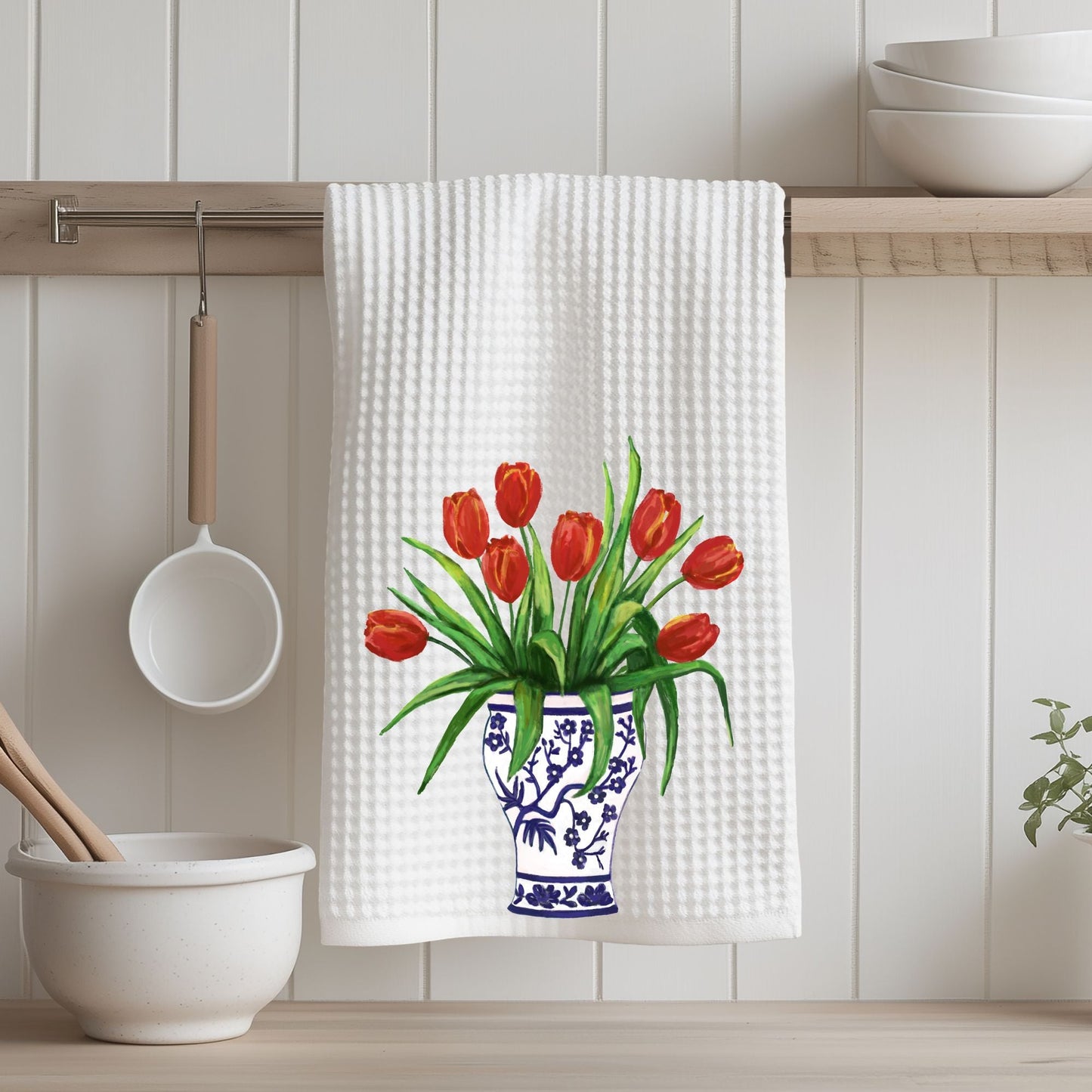 Red Tulips in Vase Kitchen Towel - MerikaArt