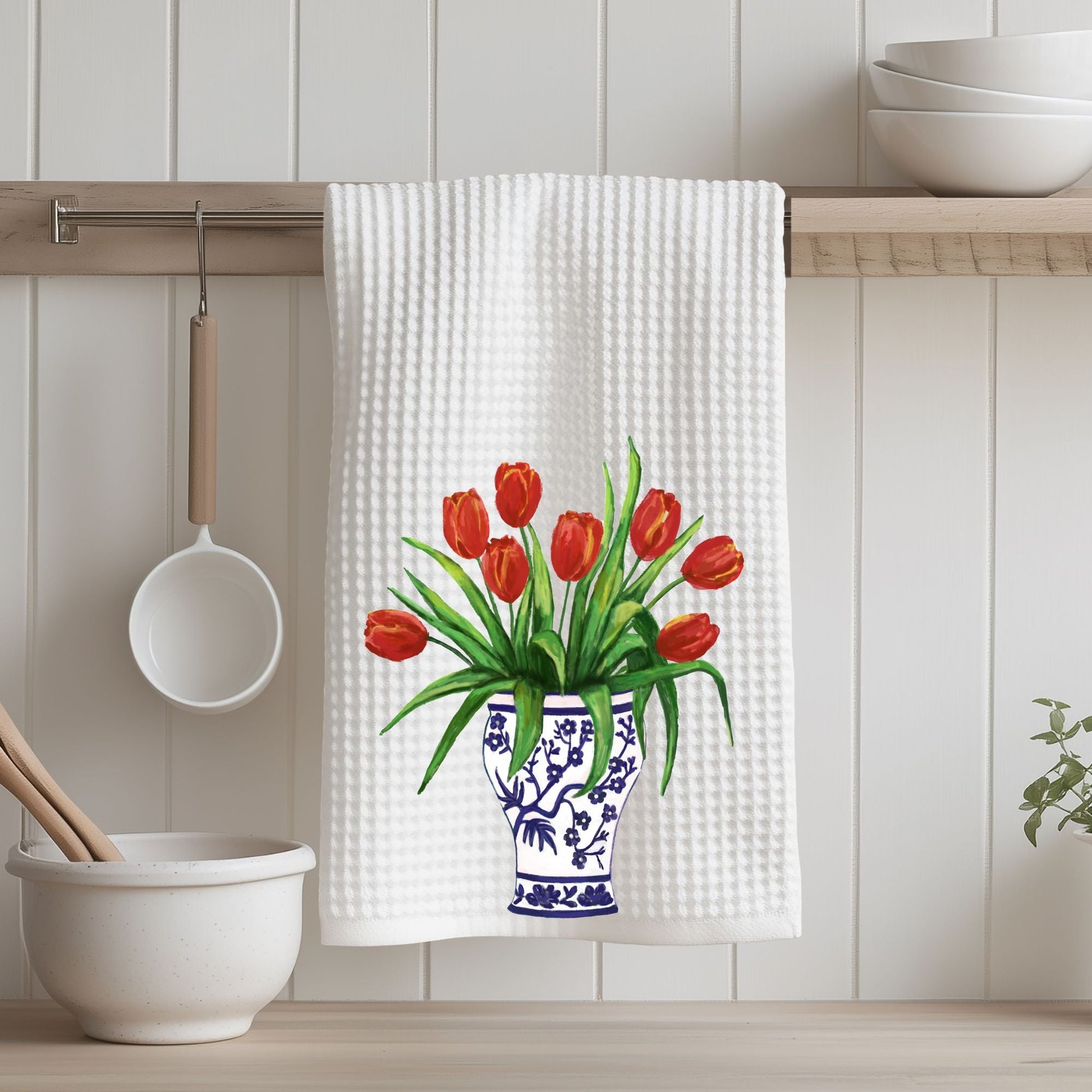 Red Tulips in Vase Kitchen Towel - MerikaArt