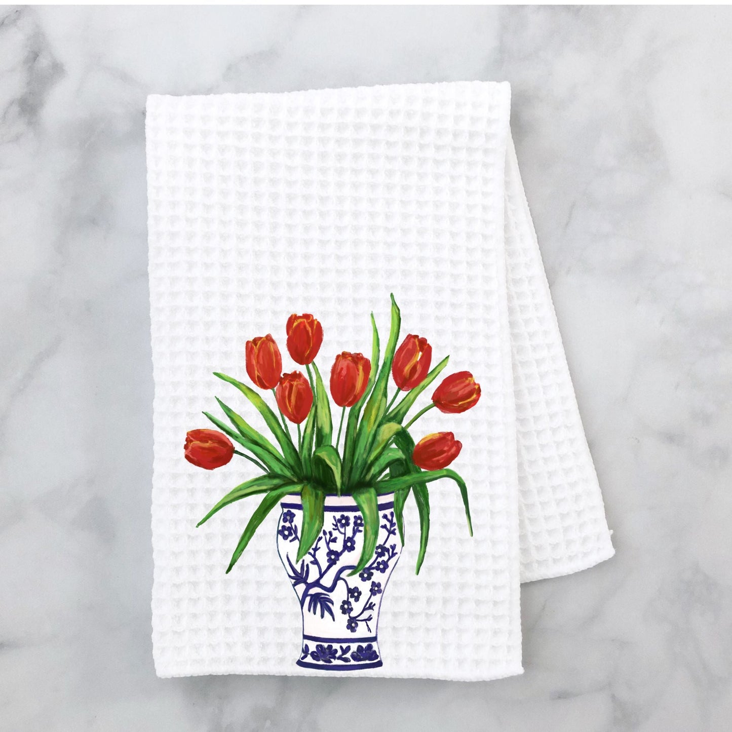 Red Tulips in Vase Kitchen Towel - MerikaArt