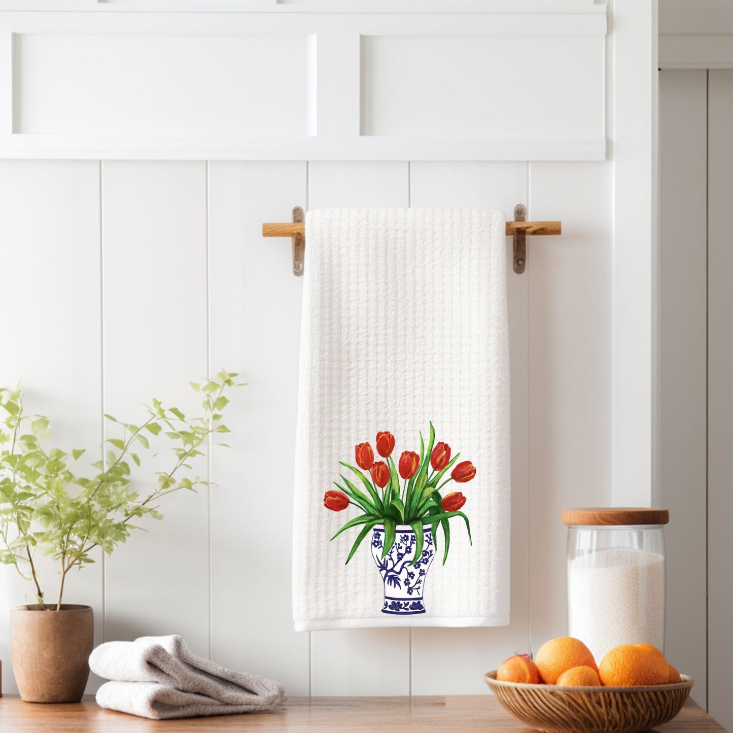 Red Tulips in Vase Kitchen Towel - MerikaArt