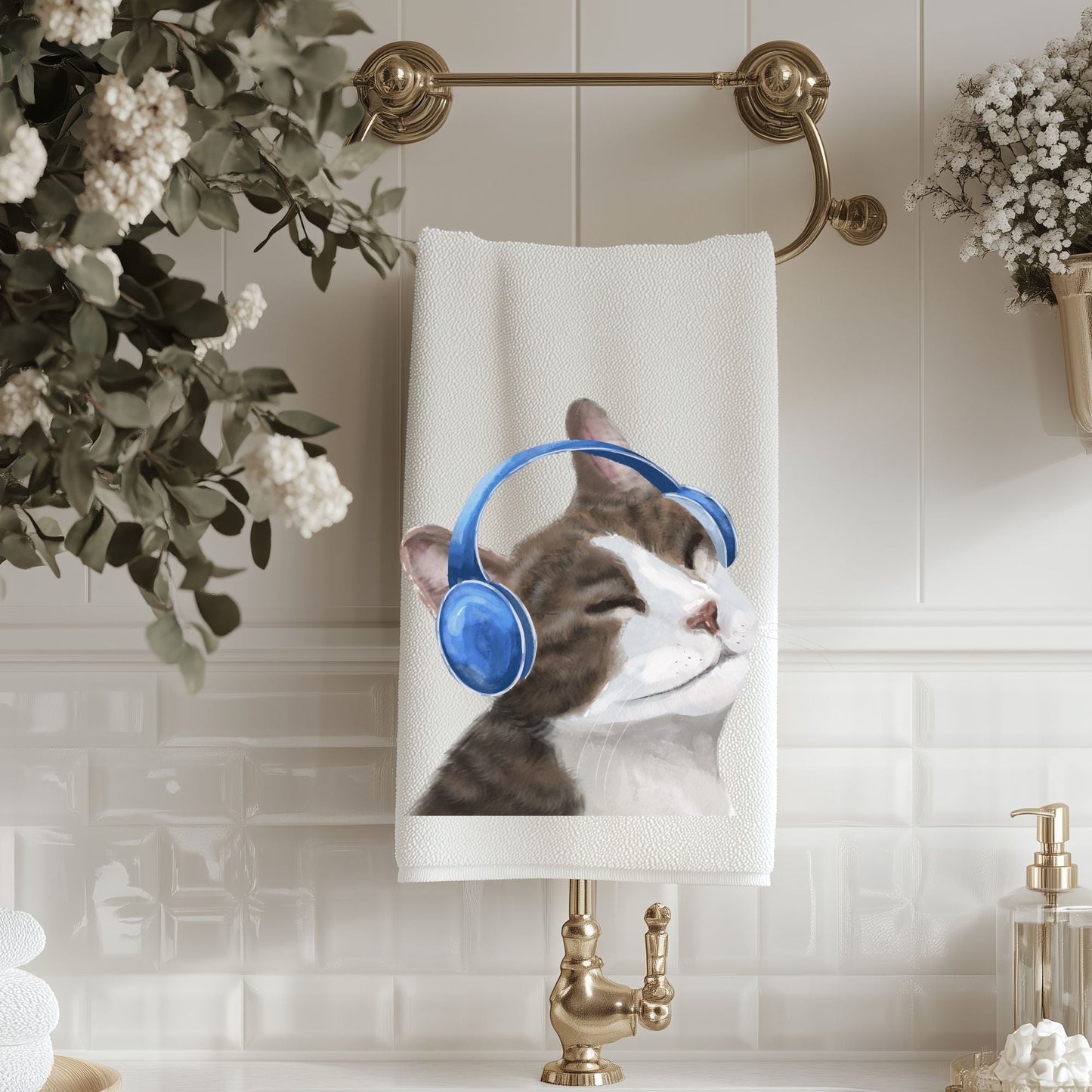 Relaxed Cat with Blue Headphones Bathroom Towel - MerikaArt