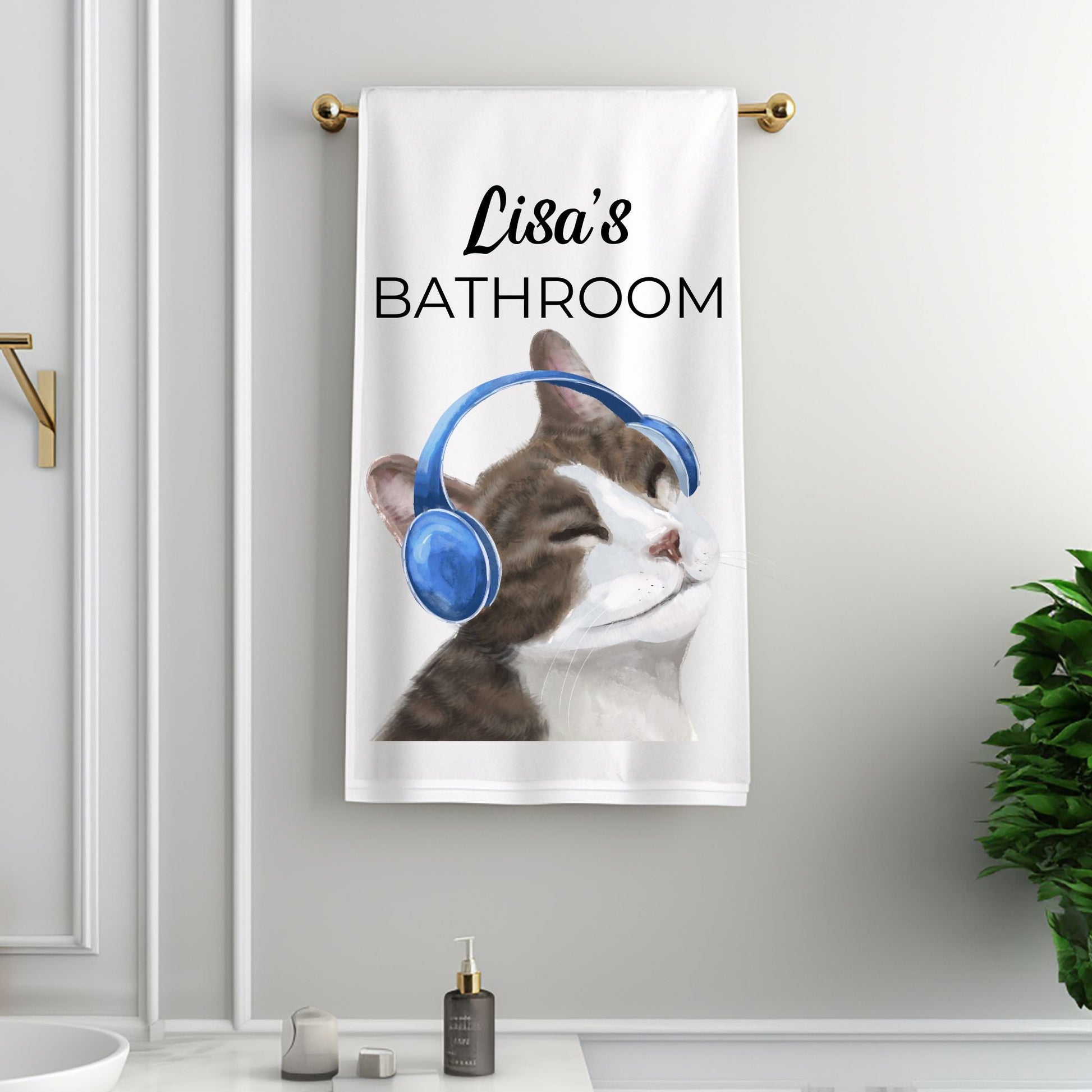 Relaxed Cat with Blue Headphones Bathroom Towel - MerikaArt