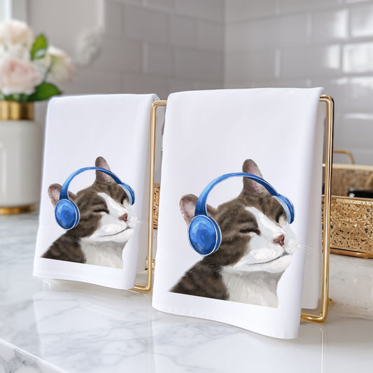 Relaxed Cat with Blue Headphones Bathroom Towel - MerikaArt