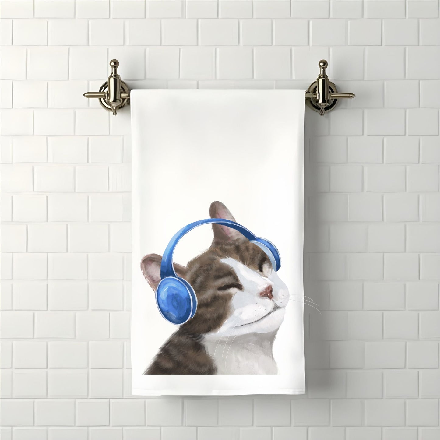 Relaxed Cat with Blue Headphones Bathroom Towel - MerikaArt