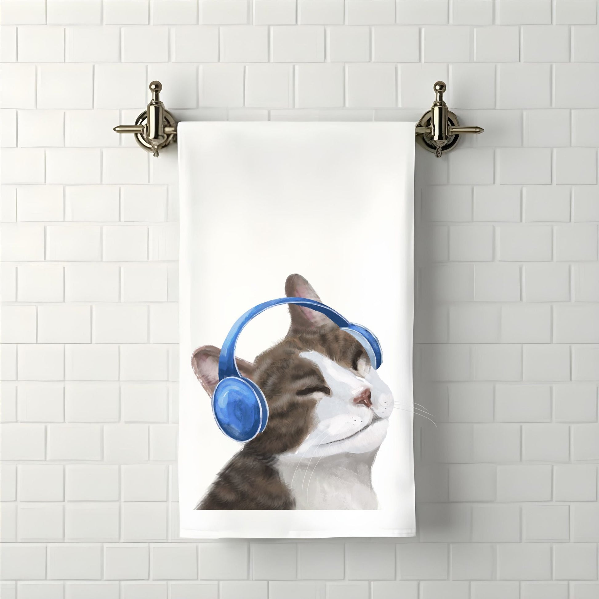 Relaxed Cat with Blue Headphones Bathroom Towel - MerikaArt