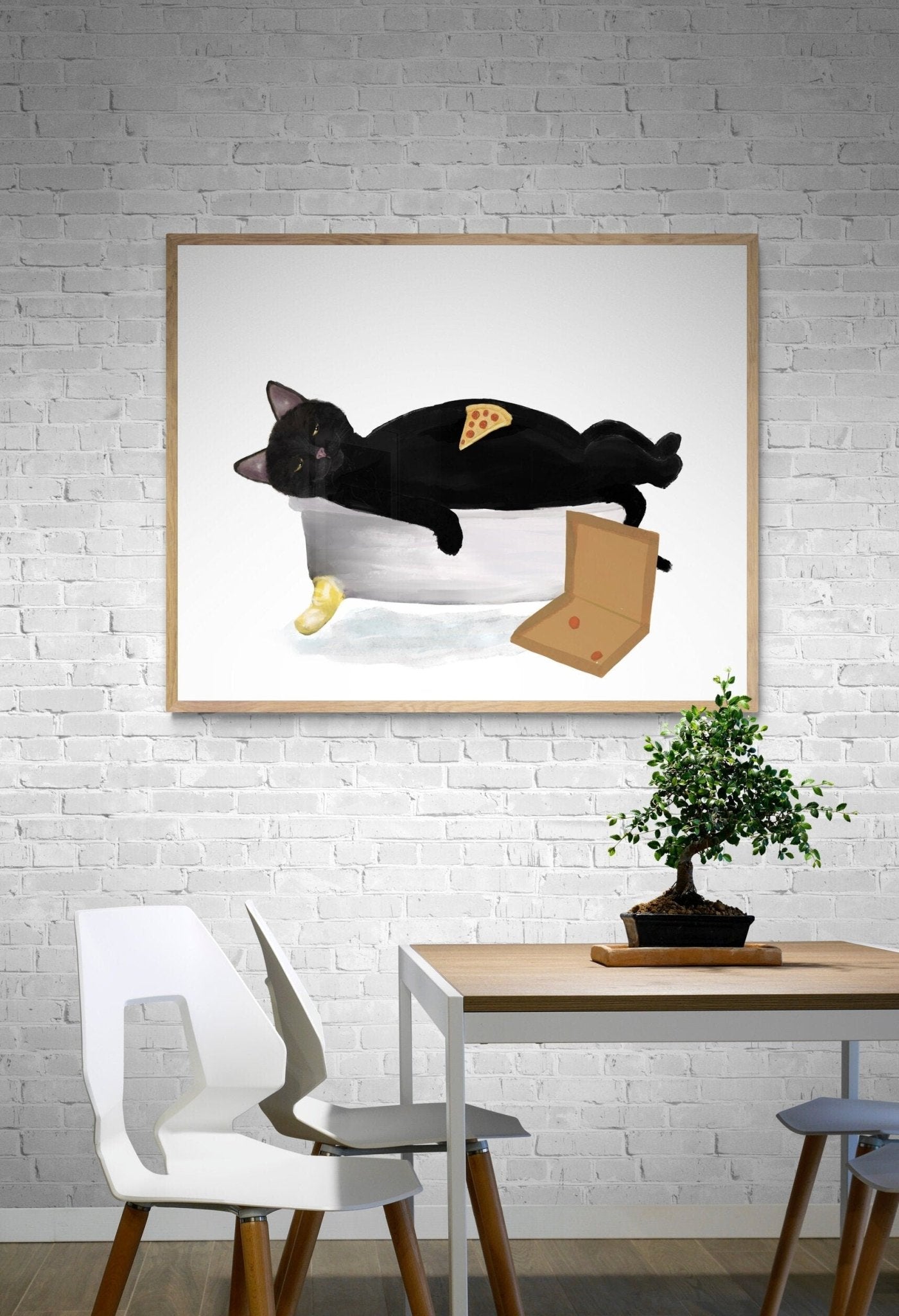 Relaxing Black Cat with Pizza in Bathtub – Fun and Unique Cat Art Print - MerikaArt