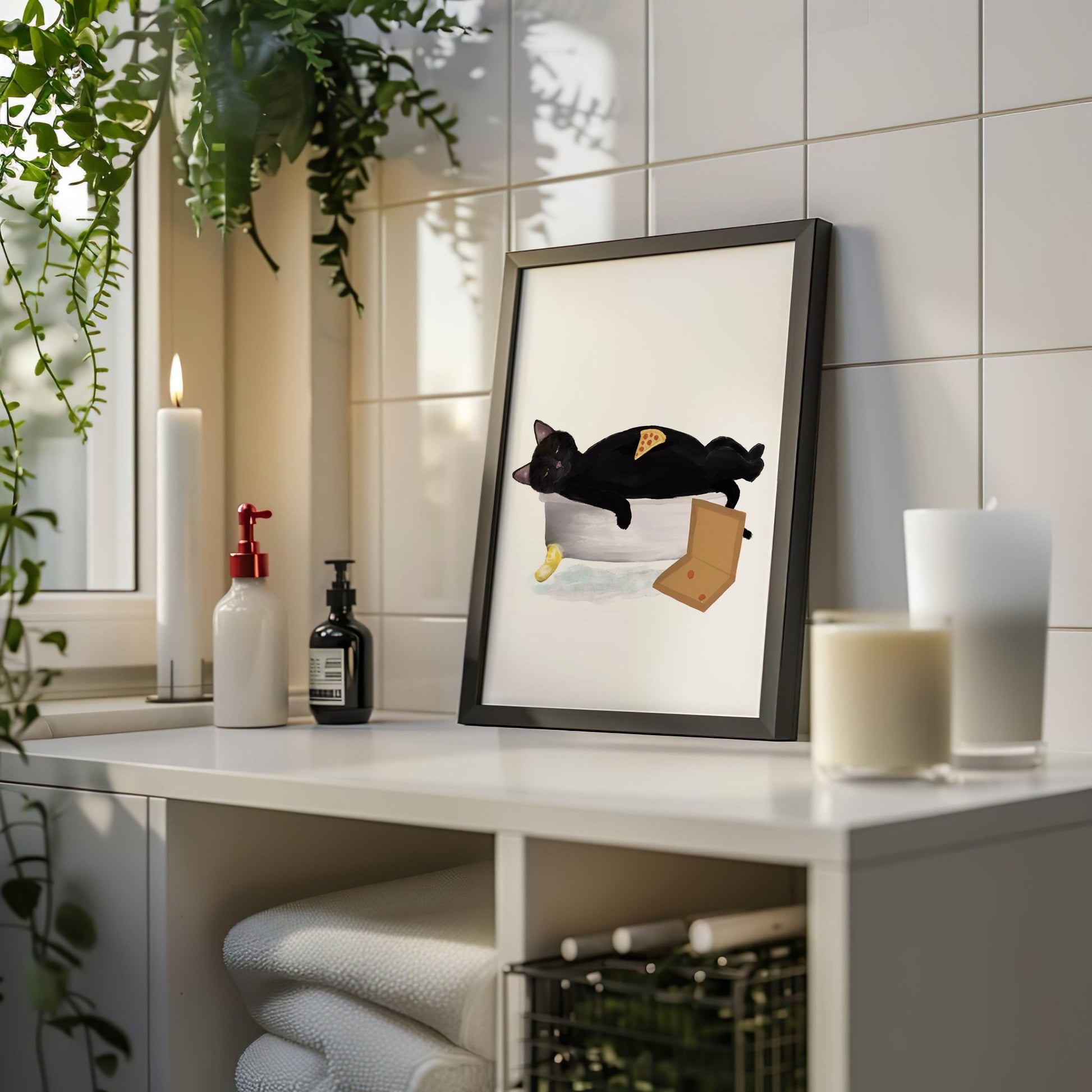 Relaxing Black Cat with Pizza in Bathtub – Fun and Unique Cat Art Print - MerikaArt