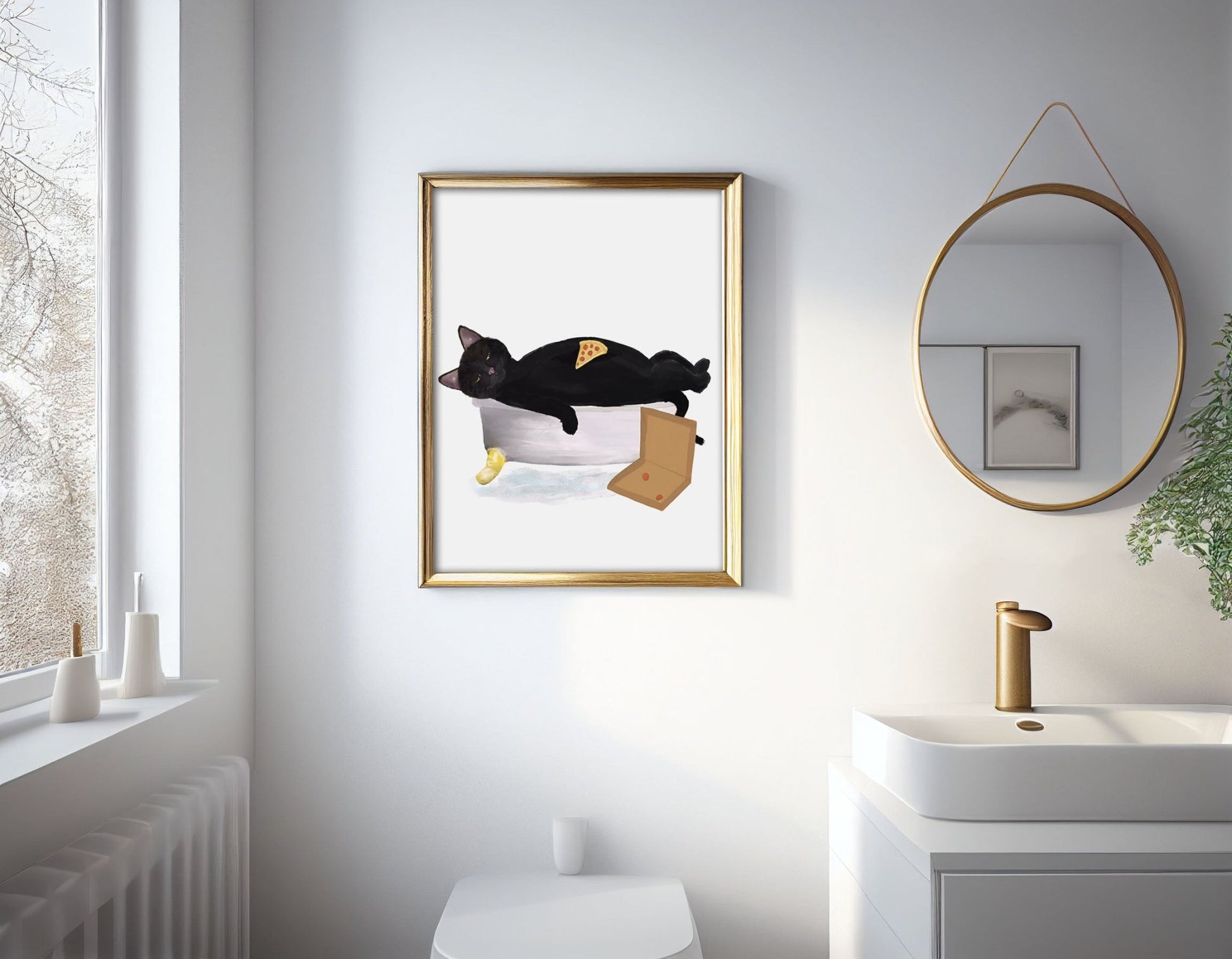 Relaxing Black Cat with Pizza in Bathtub – Fun and Unique Cat Art Print - MerikaArt