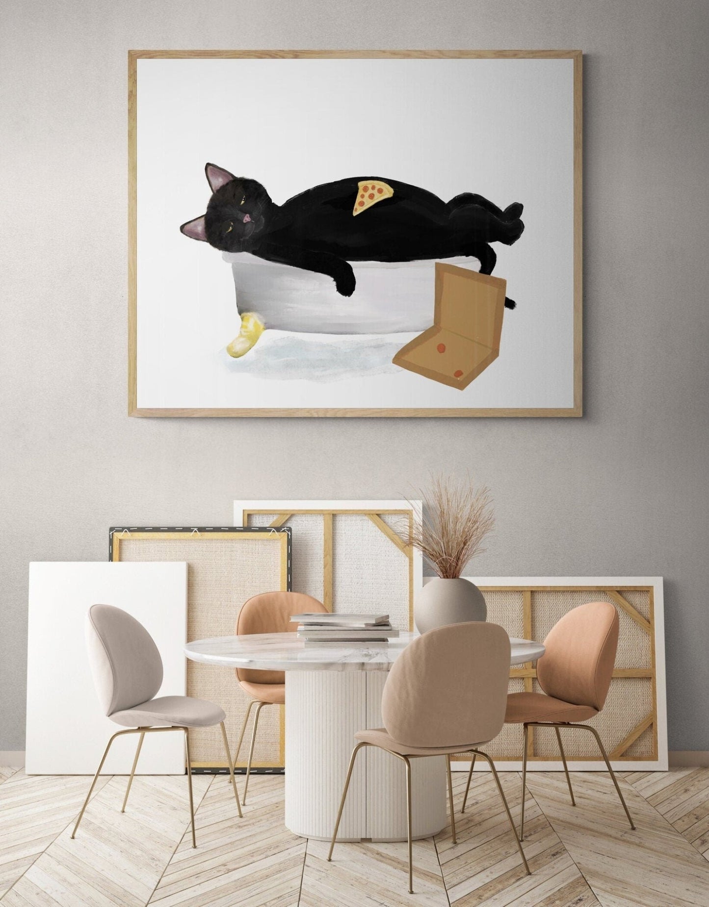 Relaxing Black Cat with Pizza in Bathtub – Fun and Unique Cat Art Print - MerikaArt