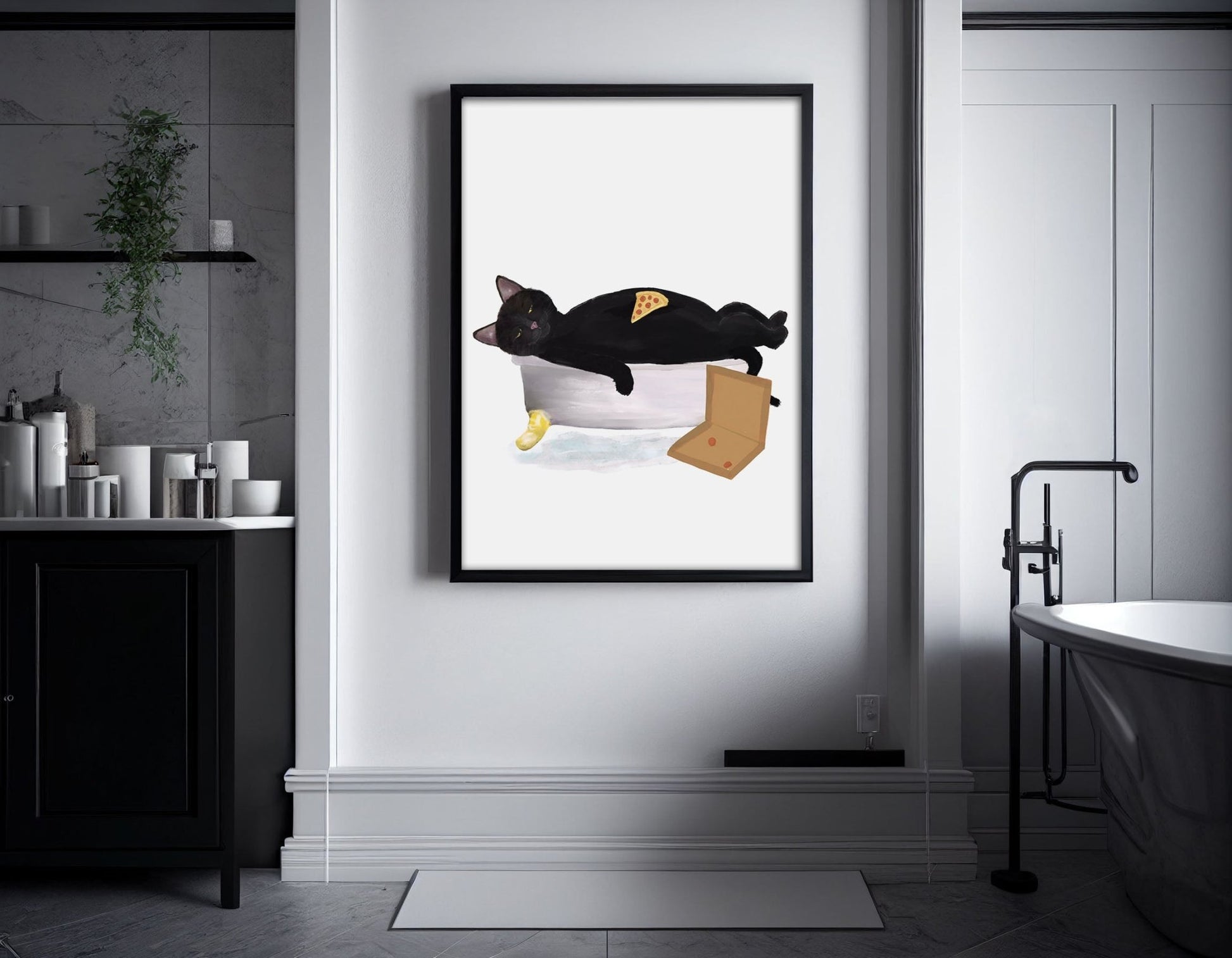 Relaxing Black Cat with Pizza in Bathtub – Fun and Unique Cat Art Print - MerikaArt