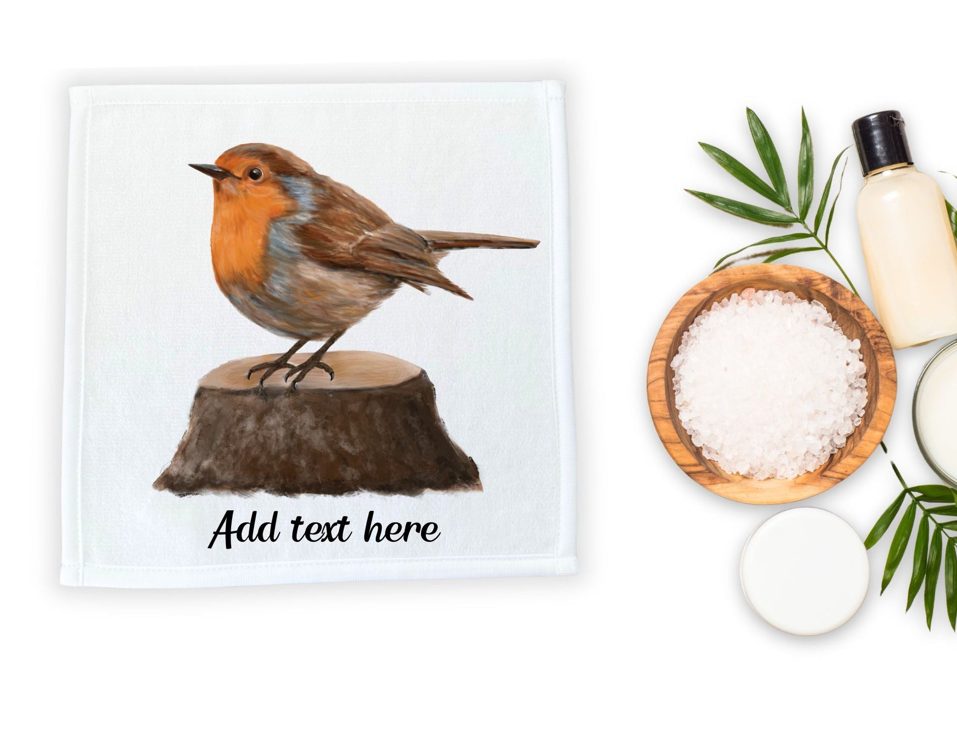 Robin on Tree Stump Washcloth - MerikaArt