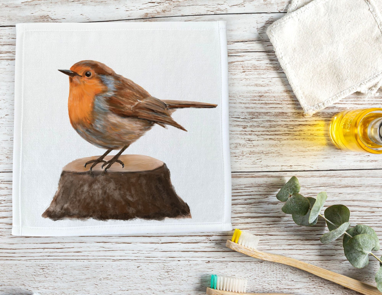 Robin on Tree Stump Washcloth - MerikaArt
