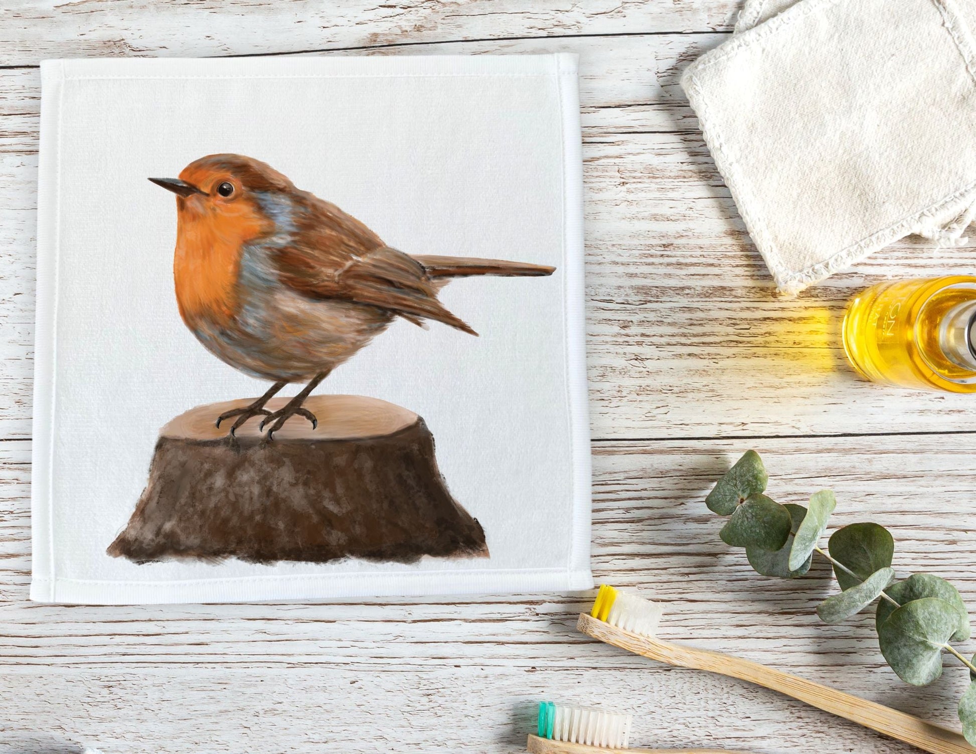 Robin on Tree Stump Washcloth - MerikaArt