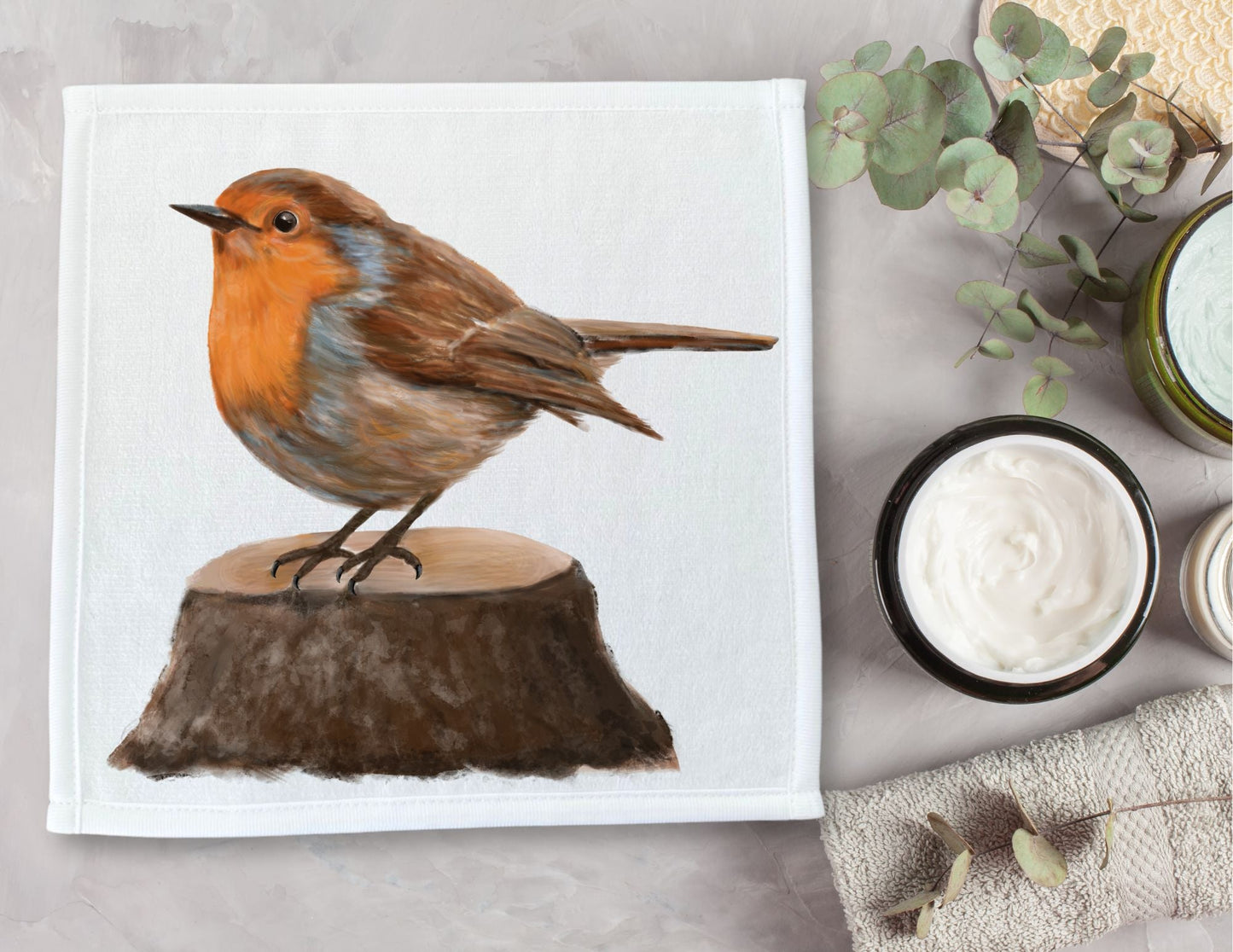 Robin on Tree Stump Washcloth - MerikaArt