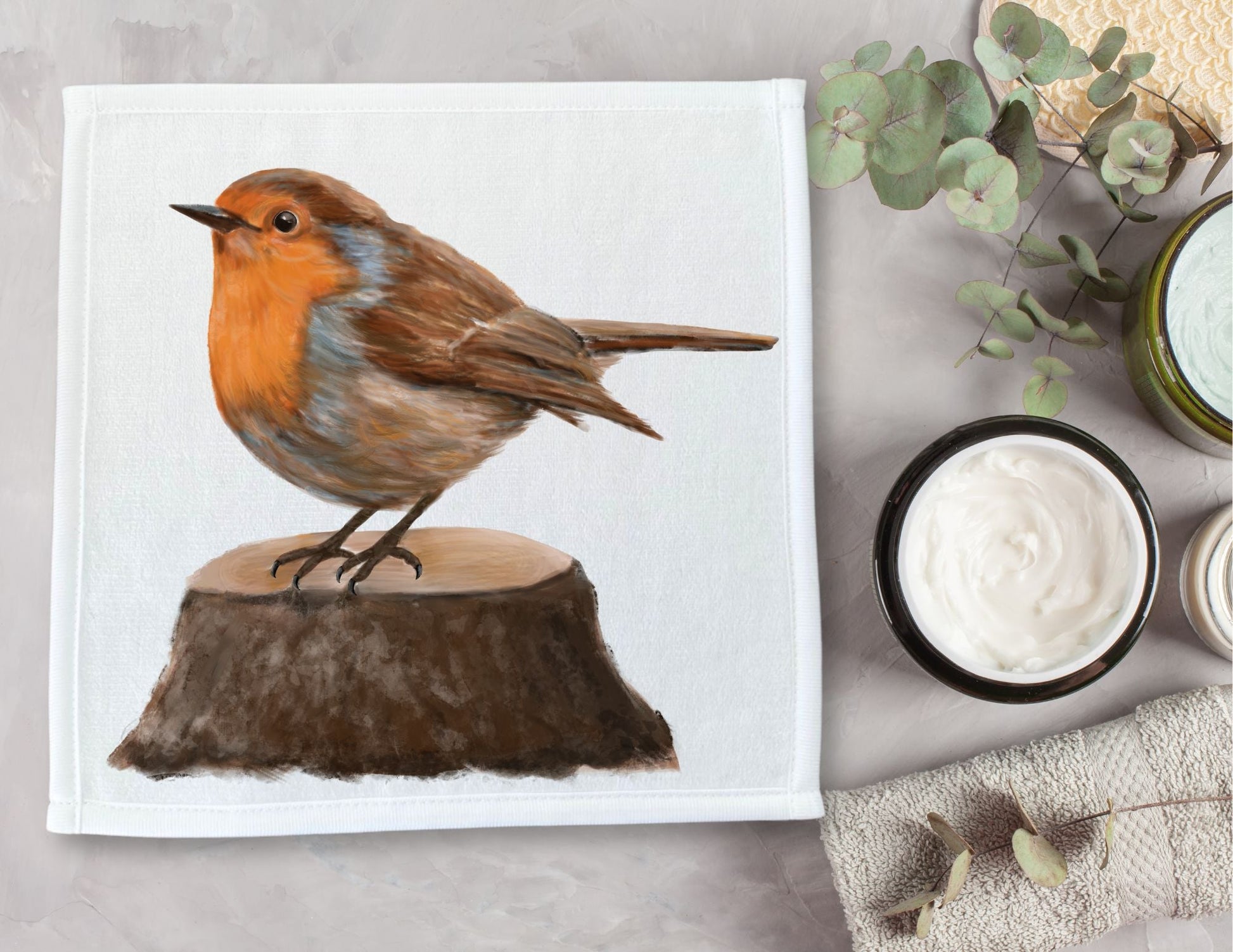 Robin on Tree Stump Washcloth - MerikaArt