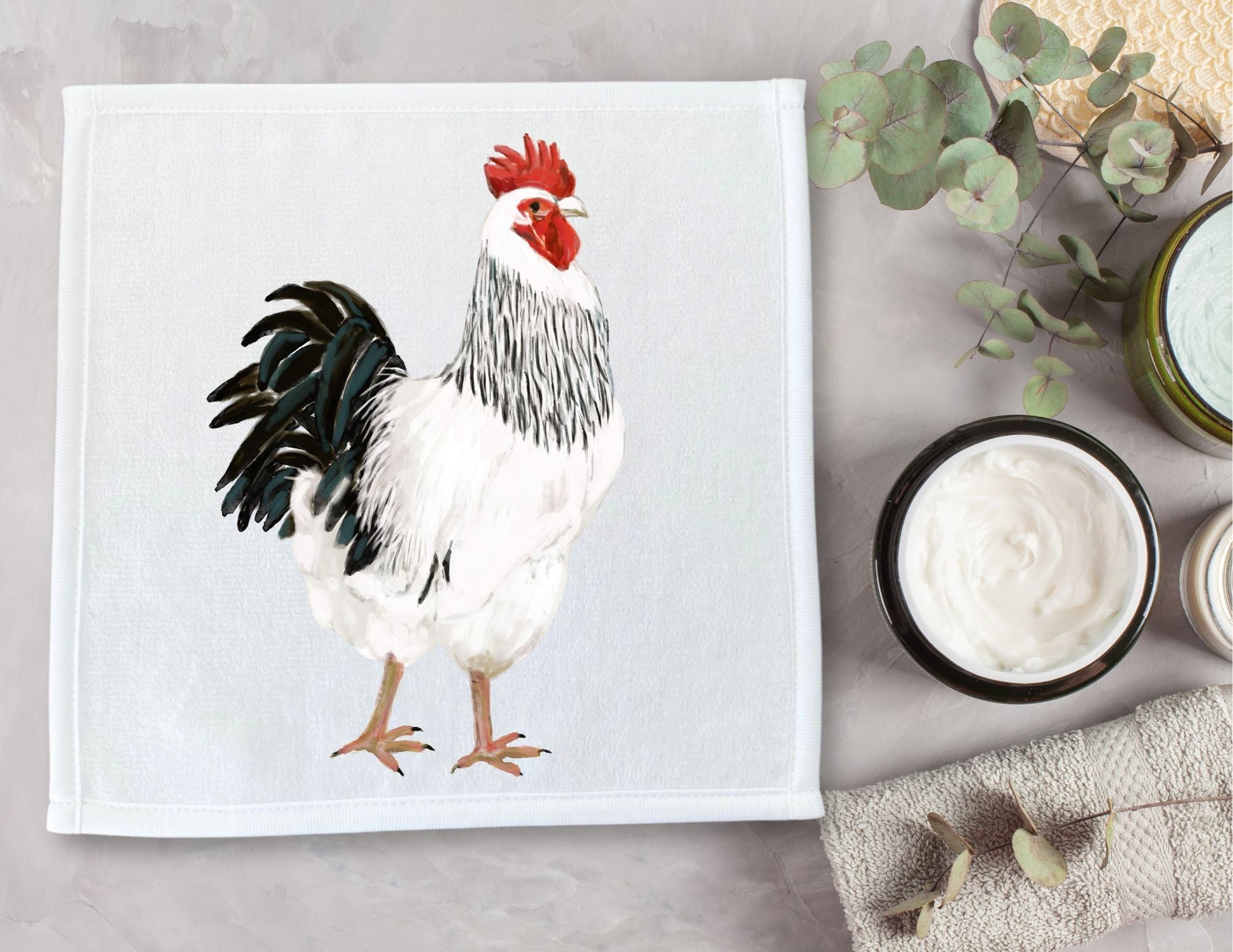 Rooster Washcloth | "Snowy the Elegant Rooster" - MerikaArt